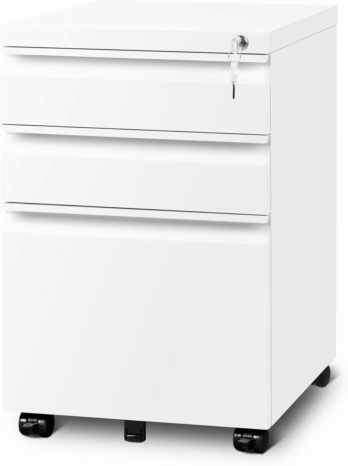 3 Drawer Mobile File Cabinet, Metal Filing Cabinets with Lock Wheels Under Desk, Lockable Rolling File Cabinet for Home Office, Fit Letter/Legal/A4 Size (White)