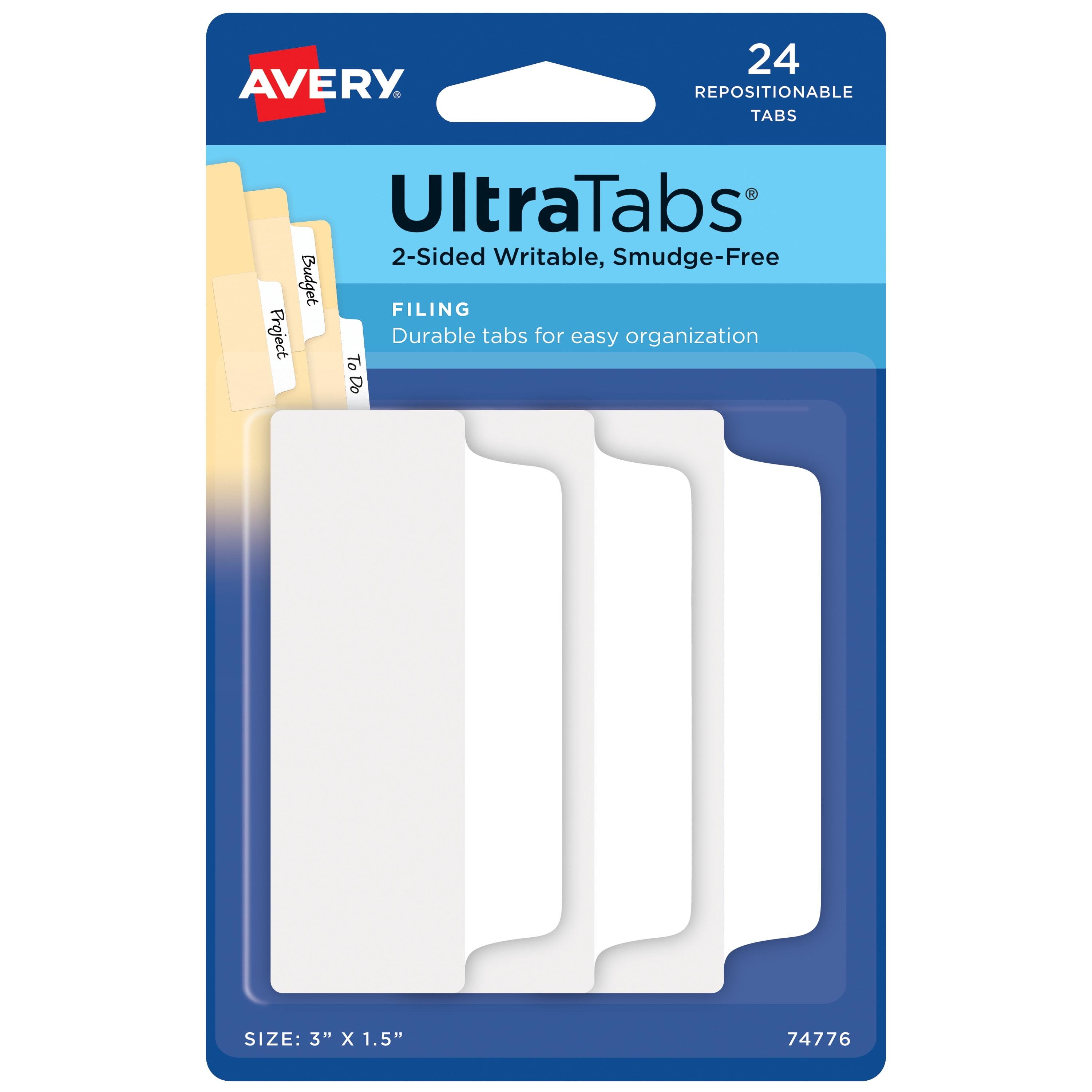 Avery Ultra Tabs Repositionable Tabs, Wide and Slim: 3" x 1.5", 1/3-Cut, White, 24/Pack