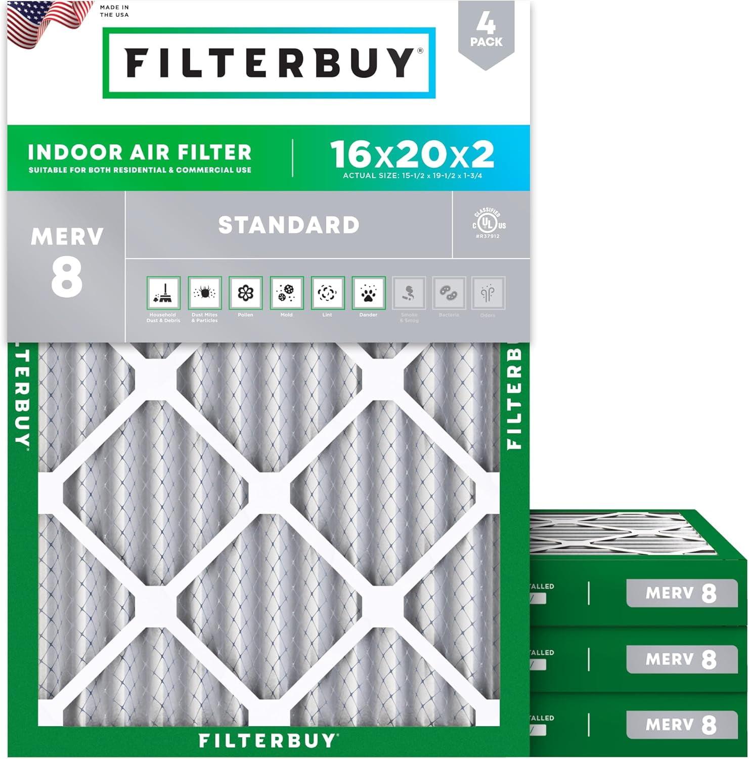 Filterbuy Filterbuy 16x20x2 Air Filter MERV 8, Pleated HVAC AC Furnace Filters Replacement (Set of 4)