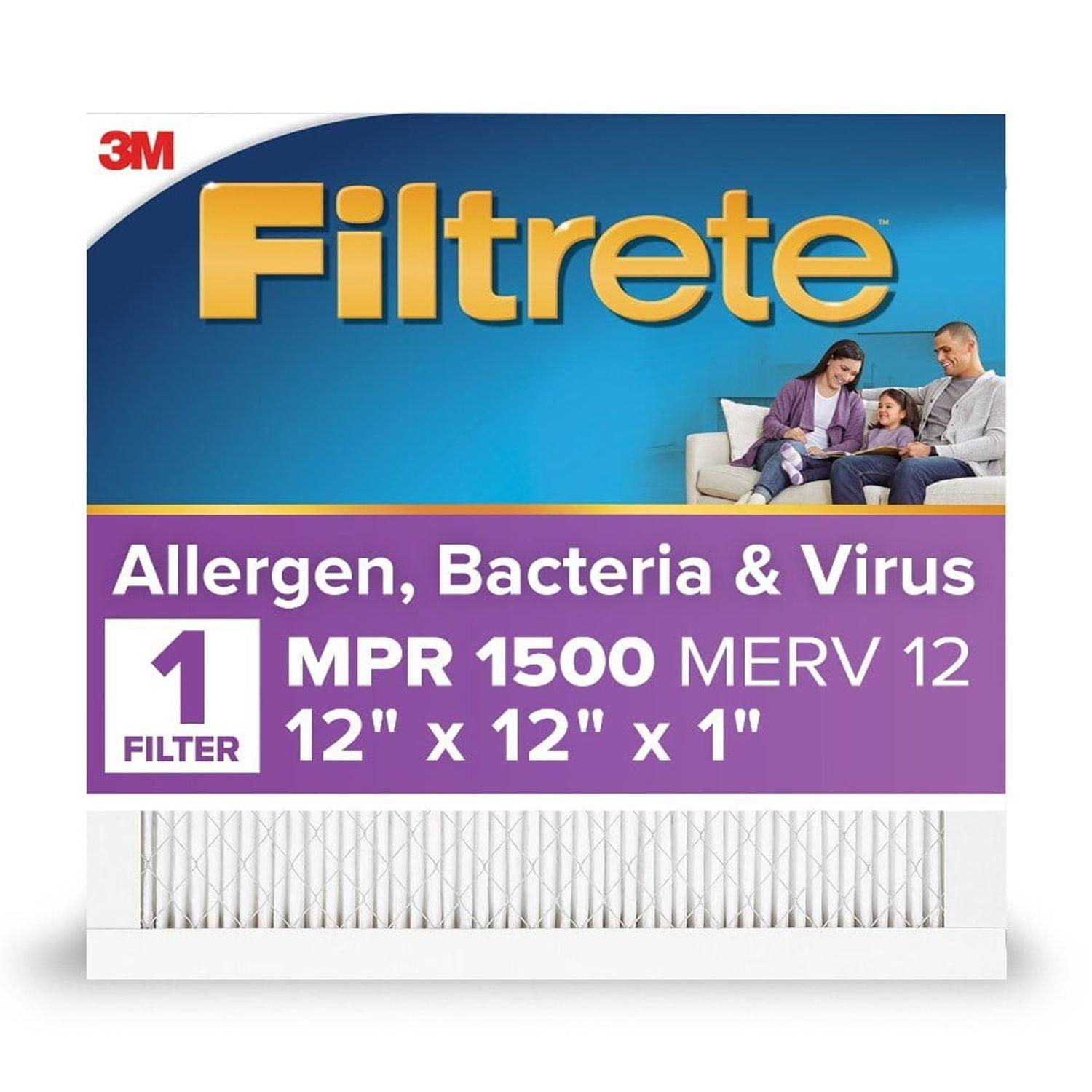 Filtrete 12x12x1 Allergen Bacteria and Virus Air Filter 1500 MPR: Electrostatic Furnace Filter, MERV 12, 3-Month Use