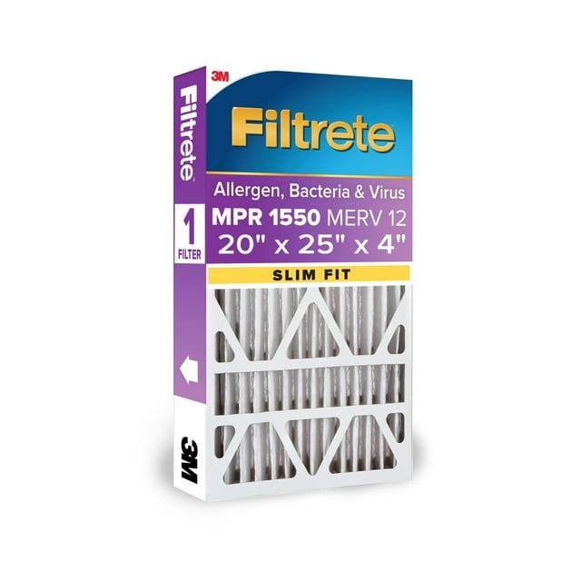 Filtrete 20" x 25" x 4" Slim Fit Allergen Bacteria and Virus Deep Pleat Air Filter 1550 MPR: MERV 12, Electrostatic, Furnace Filter