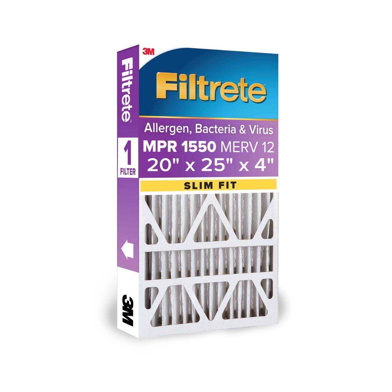 Filtrete 20" x 25" x 4" Slim Fit Allergen Bacteria and Virus Deep Pleat Air Filter 1550 MPR: MERV 12, Electrostatic, Furnace Filter