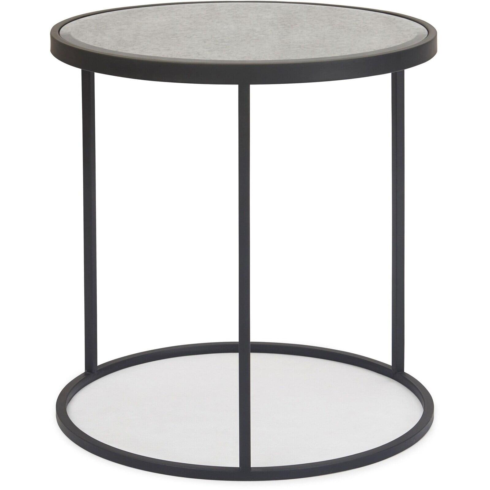 Antiqued Mirrored Round Glass and Metal Side Table