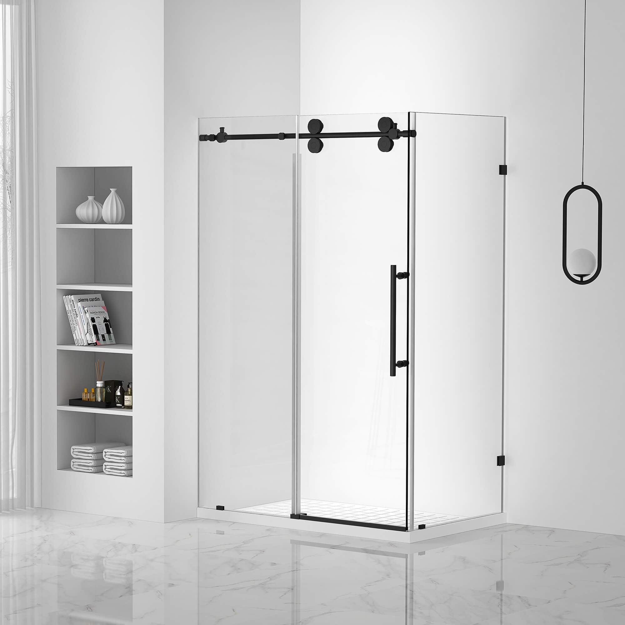 48.25'' Black Tempered Glass Sliding Frameless Shower Door