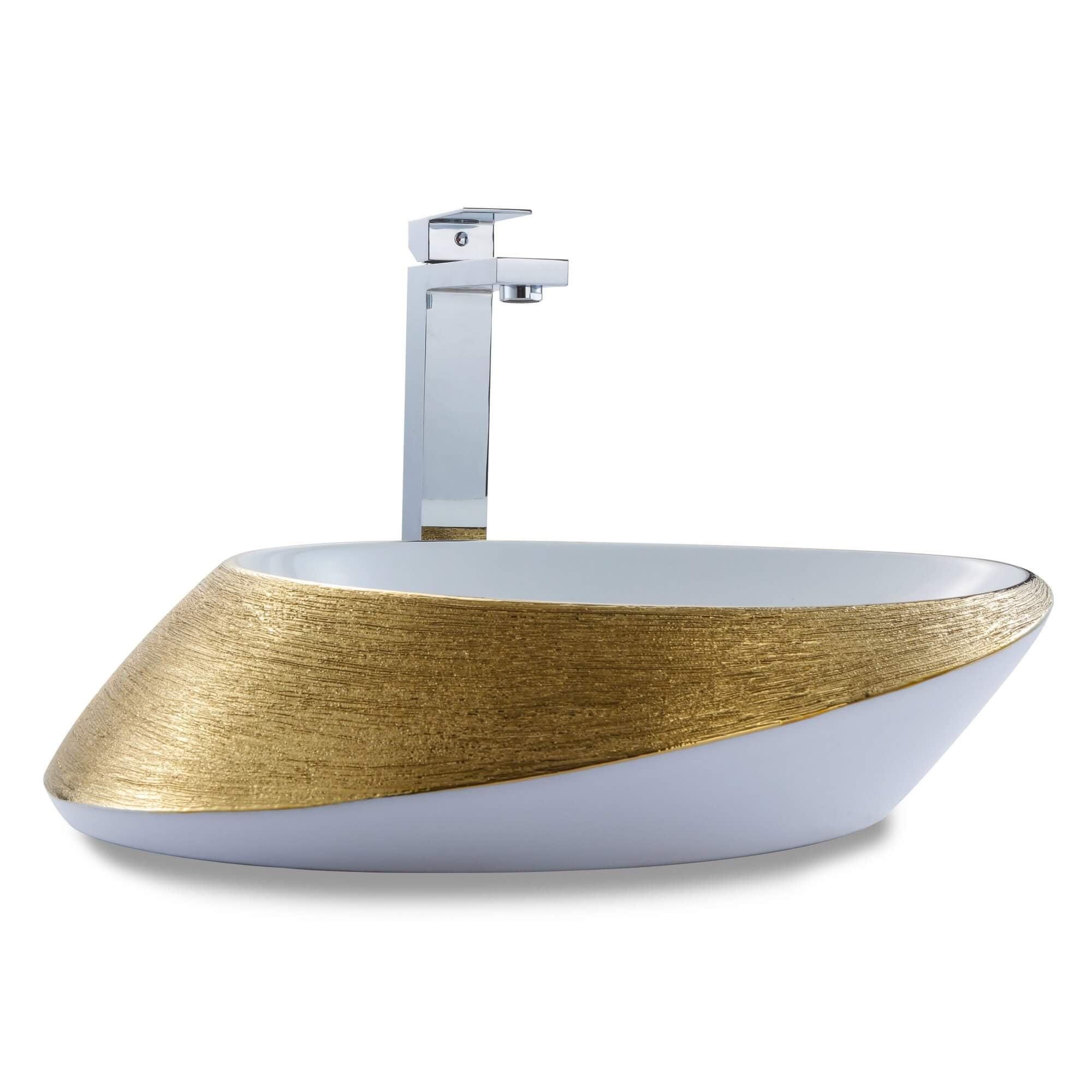 Brushed Gold and White Ceramic Oval Vessel Sink