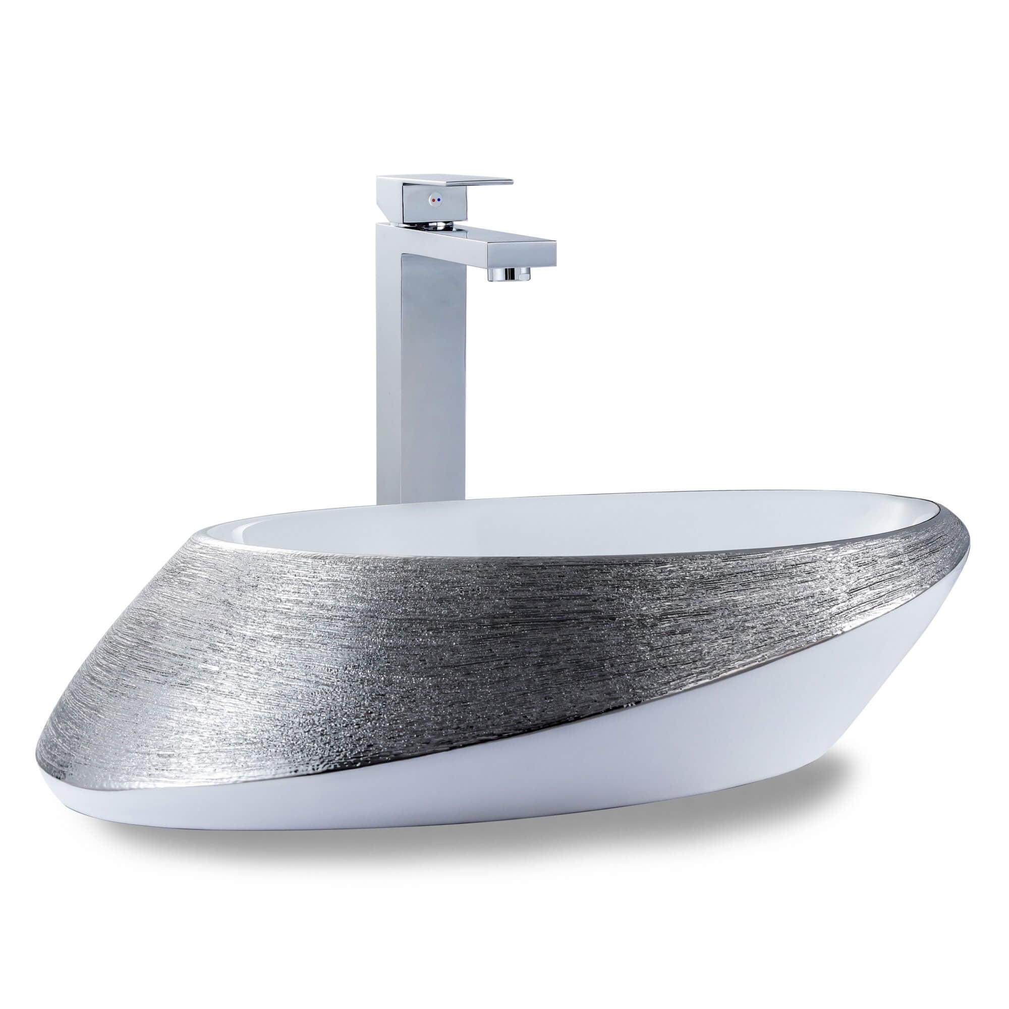 Elegant Ceramic Oval Above-Counter Vessel Sink in Brushed Silver