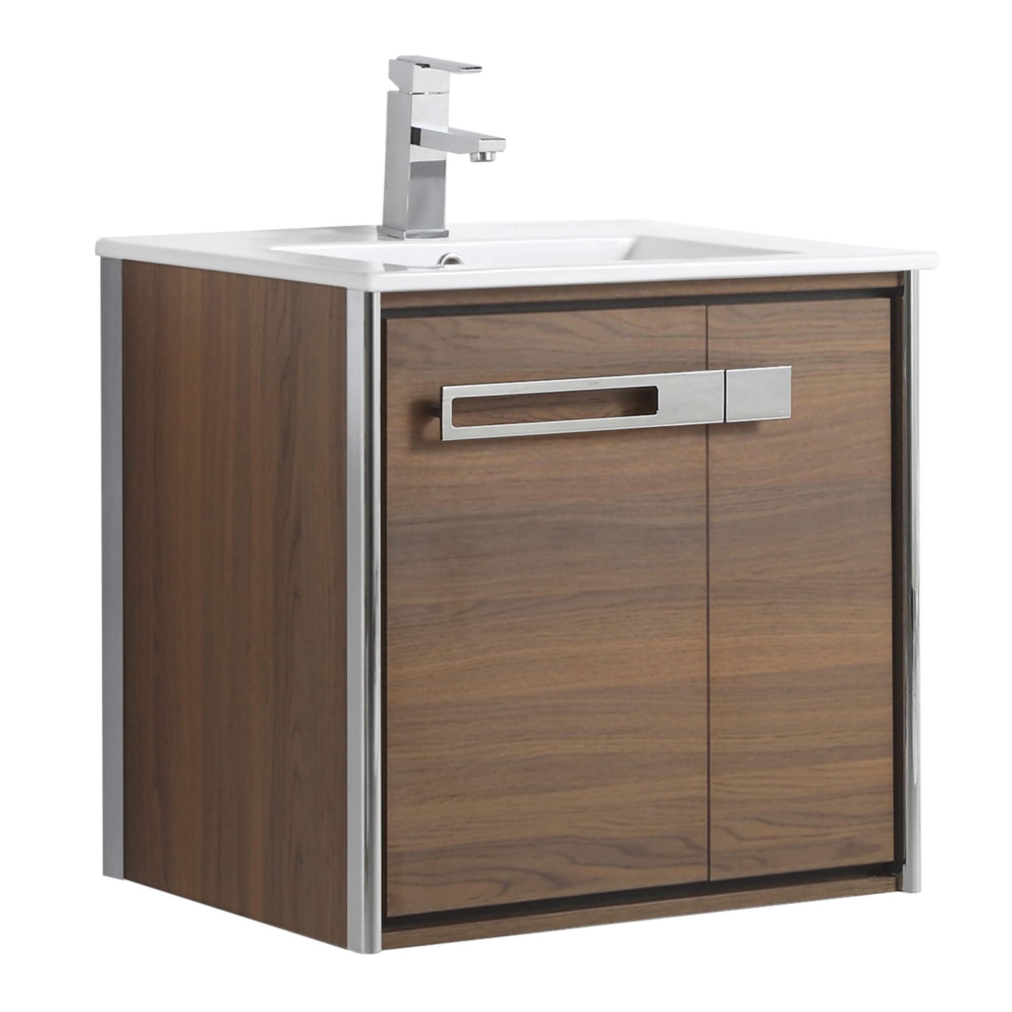 Fine Fixtures Oakville 24 in. W x 18 in. D x 33 in. H Wall Mounted Bathroom Vanity in Walnut Ebony with White Ceramic Sink - Chrome hardware