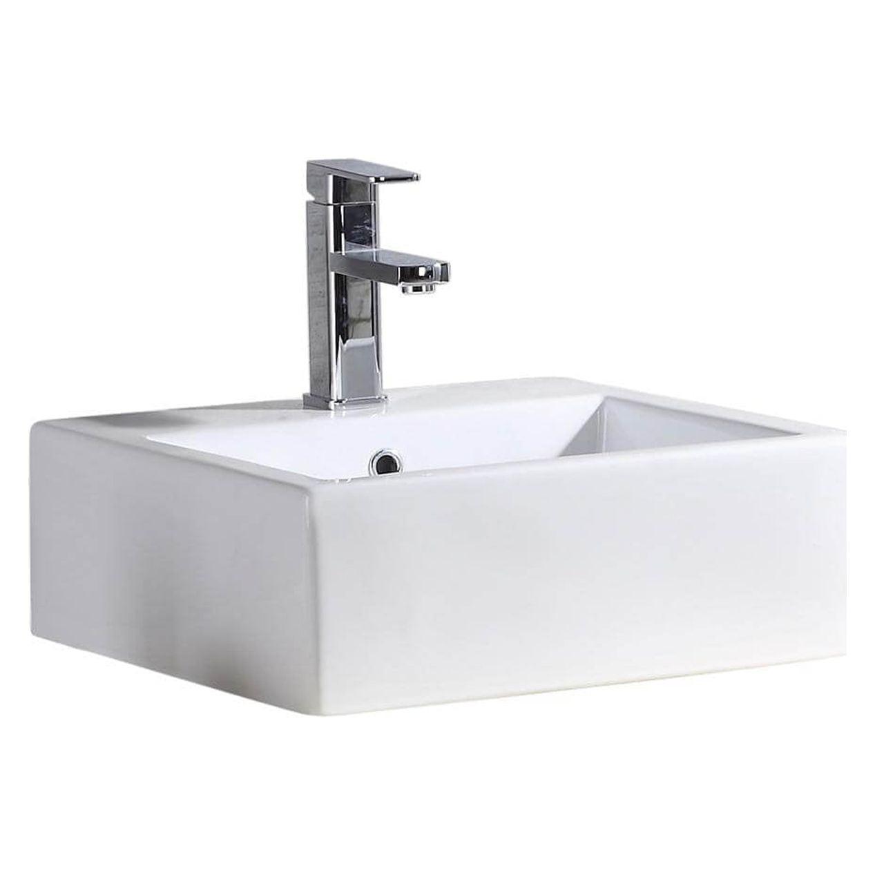 Glossy White Ceramic Square Vessel Bathroom Sink with Overflow