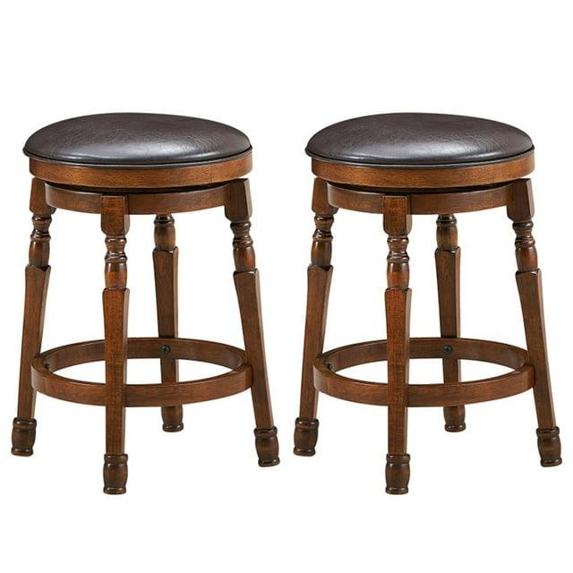 Finihen 24" Set of 2 Swivel Leather Padded Bar Stools, Indoor Modern Wood Dining Chair, Brown