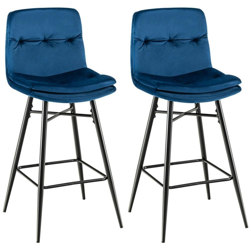 Blue Velvet Upholstered Metal Frame Bar Stools, Set of 2