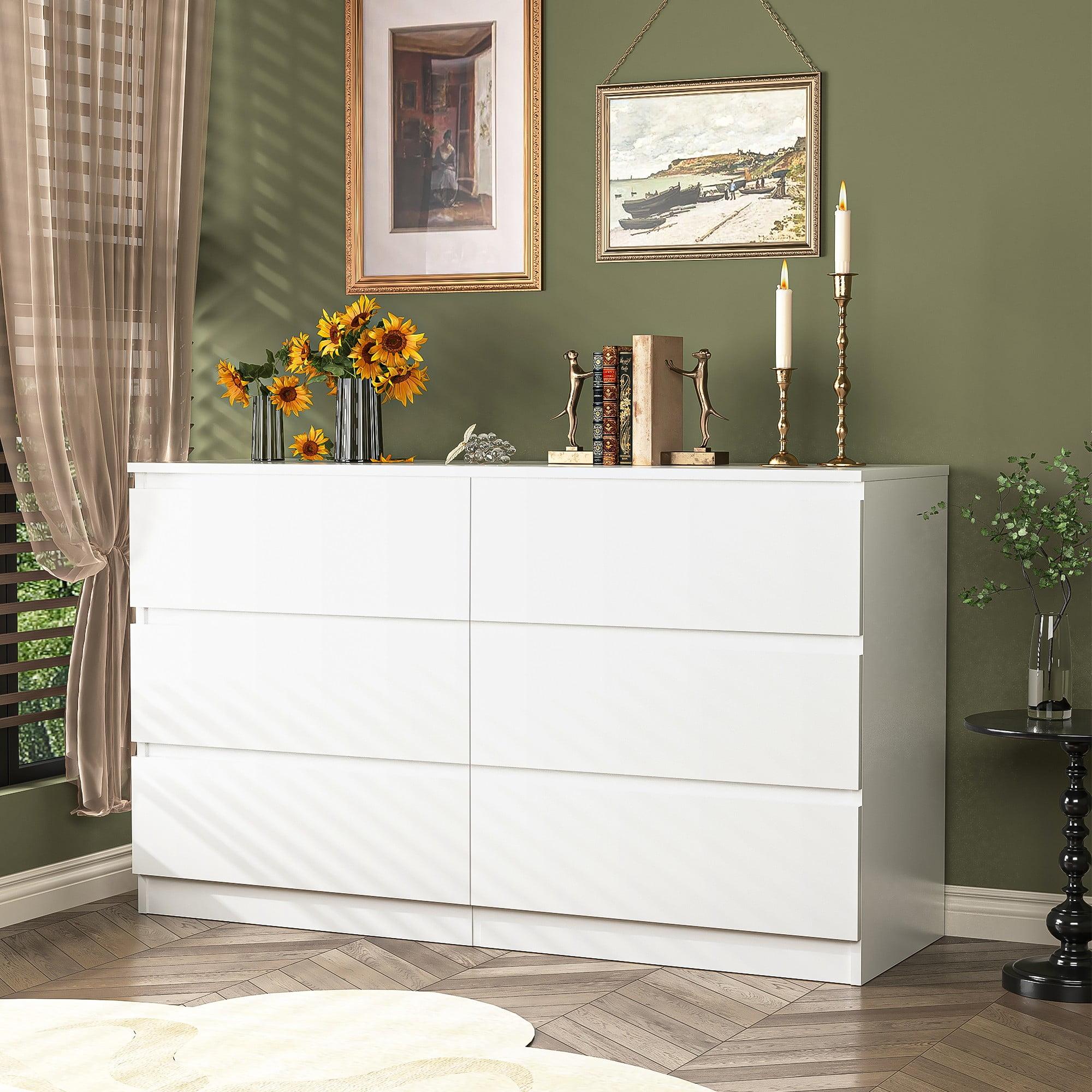 YYAo Particle Board 6 Drawer Dresser, Large Modern Chest of 6 Drawers Night Table, Storage Cabinet for Bedroom, Closet, Living Room, White