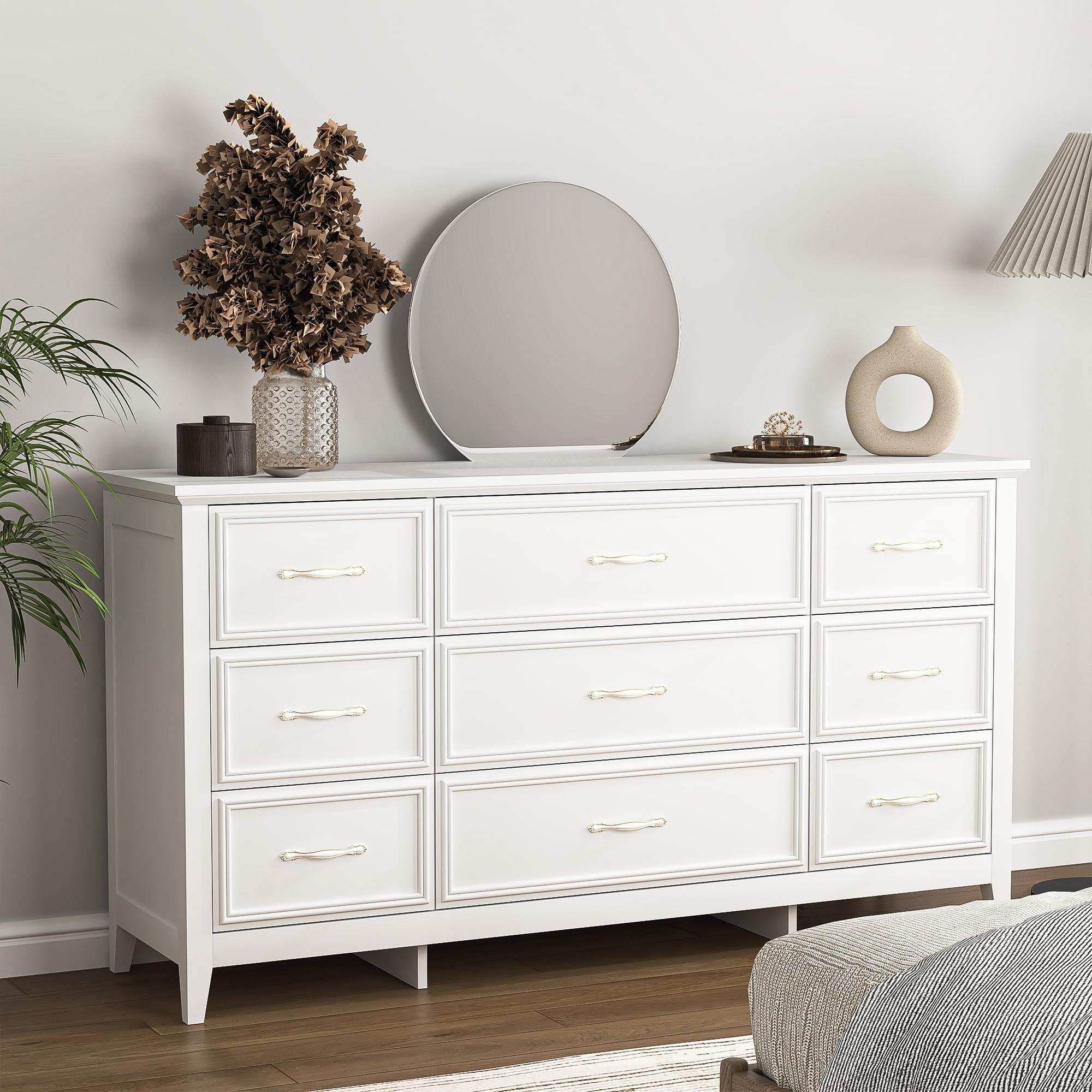 Finihen 9 Drawer Dresser, Big Size Wide Chest of Drawers with Natural Texture, Wood Storage Cabinet for Living Room, Bedroom, Hallway, Closet, White