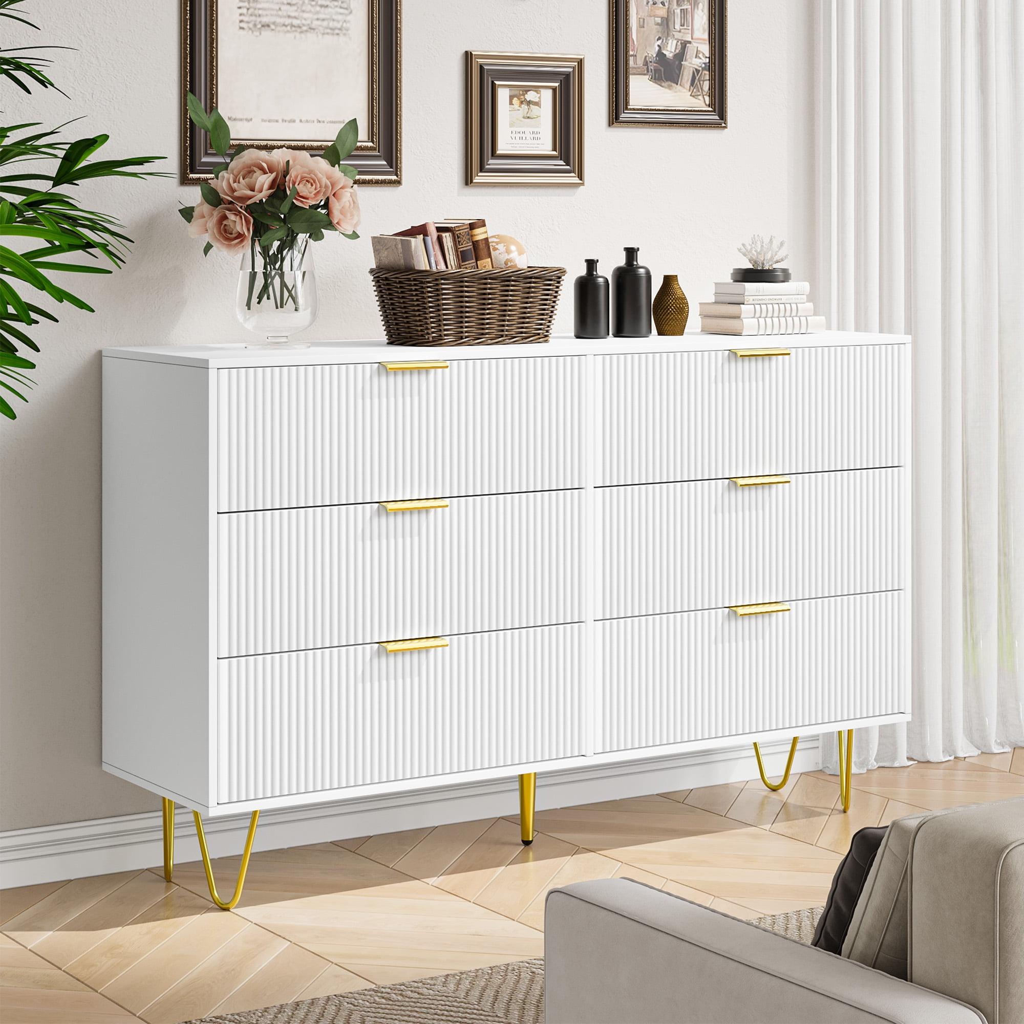 White Double Dresser with Gold Handles and Fluted Panels