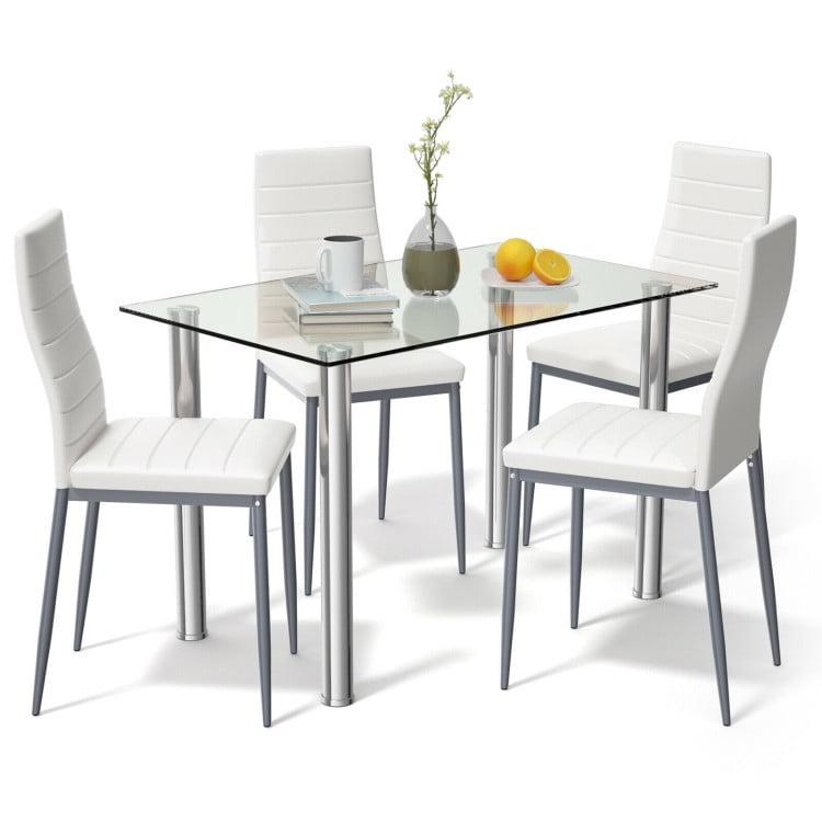 Modern Glass and Steel Dining Set with White PVC Leather Chairs