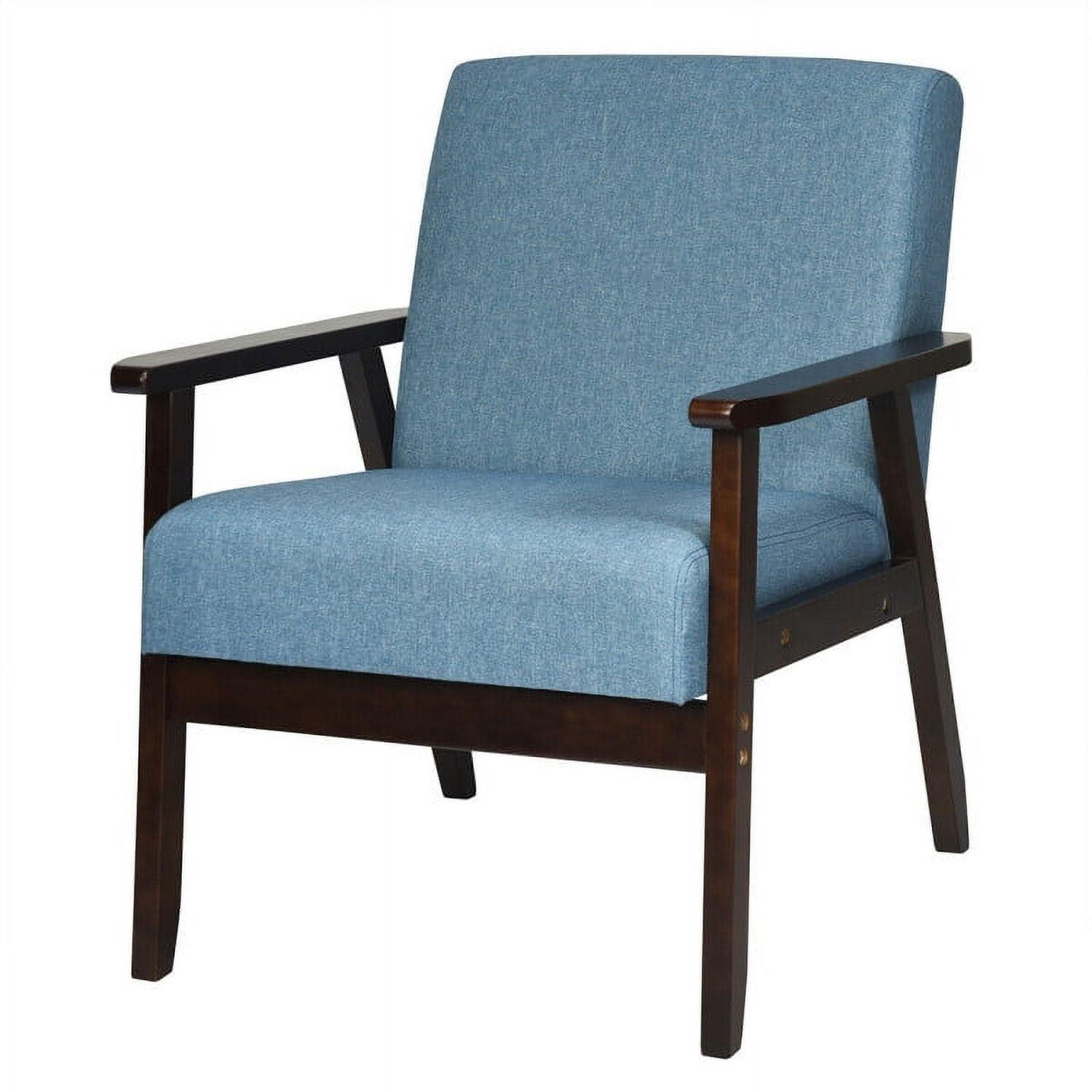 Blue Linen and Rubber Wood Mid-Century Modern Accent Chair