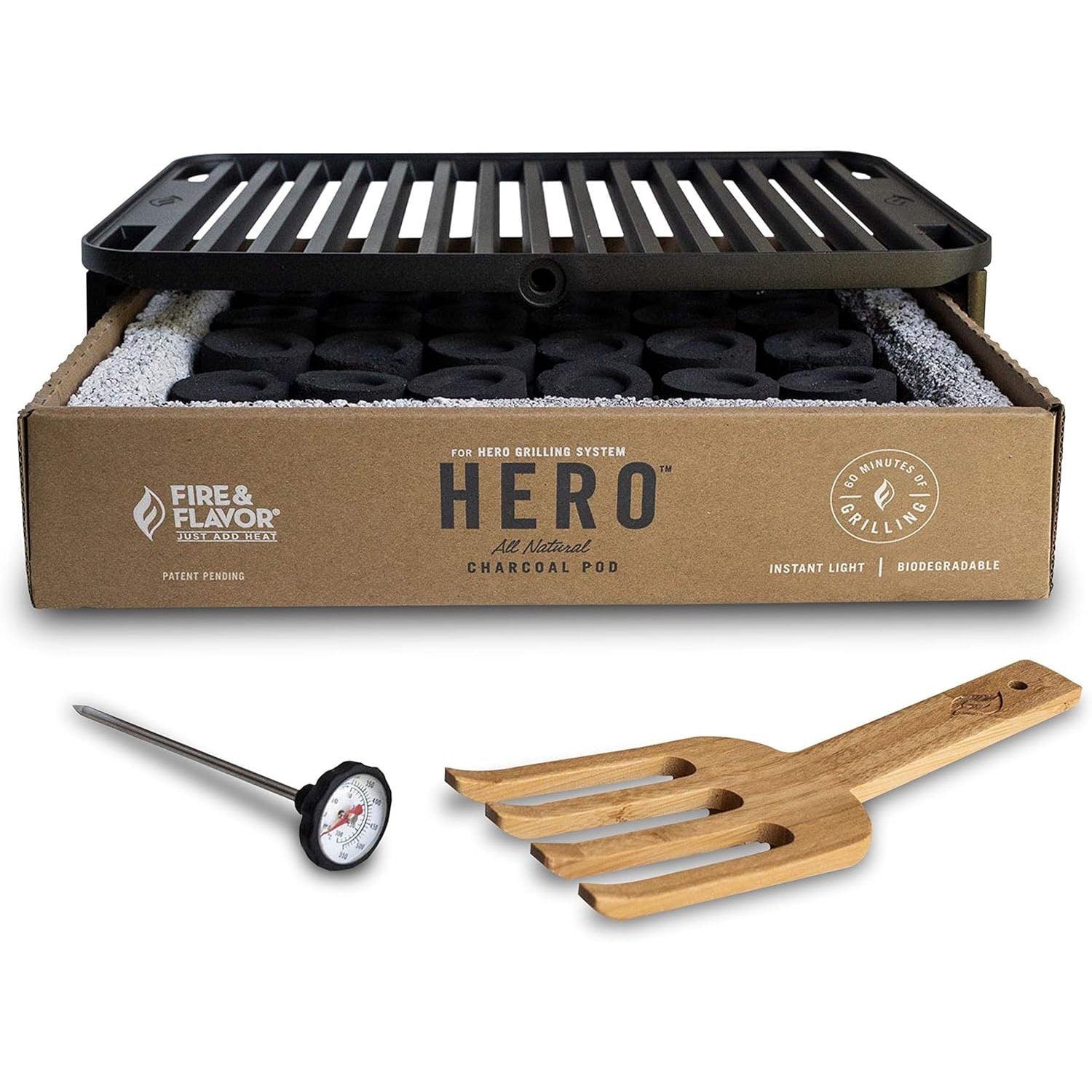 Fire & Flavor HERO Grill Kit Ultra-Portable Easy Instant Light Charcoal Grilling for Tailgating