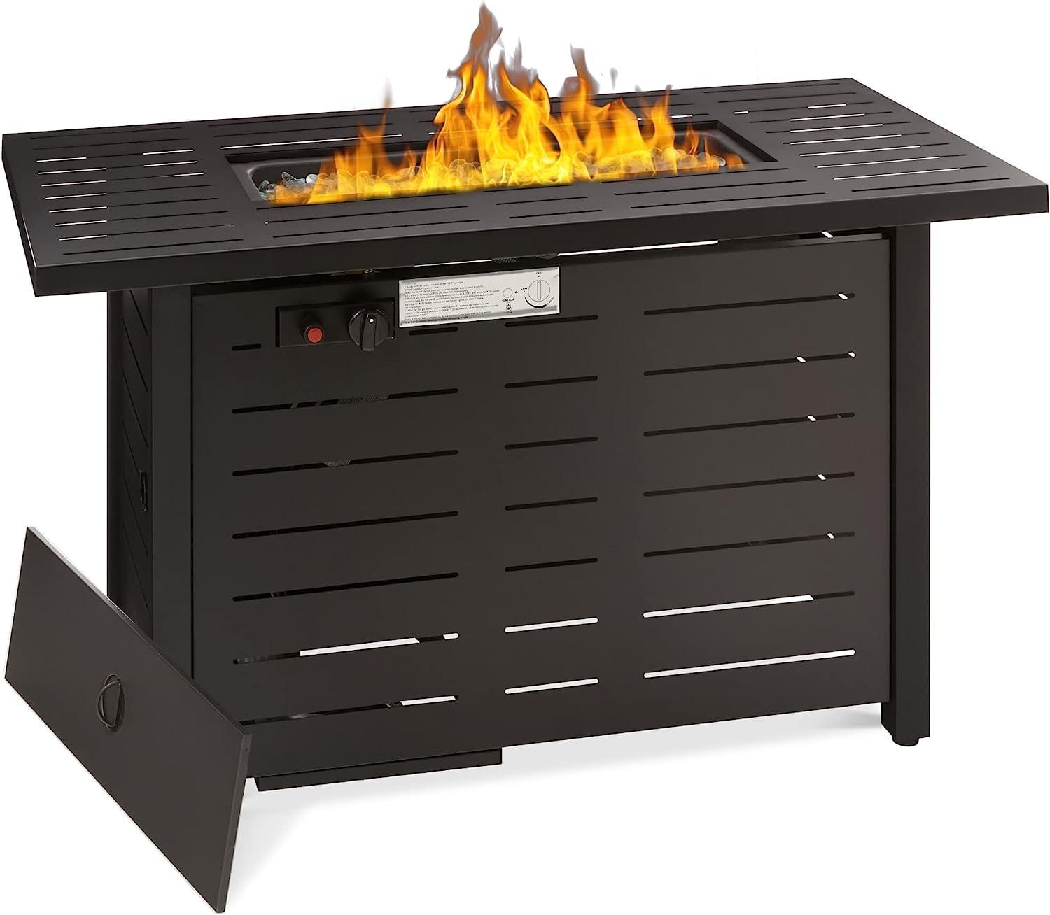 Elegant 42'' Dark Brown Steel Rectangular Gas Fire Pit Table with Glass Beads and Cover