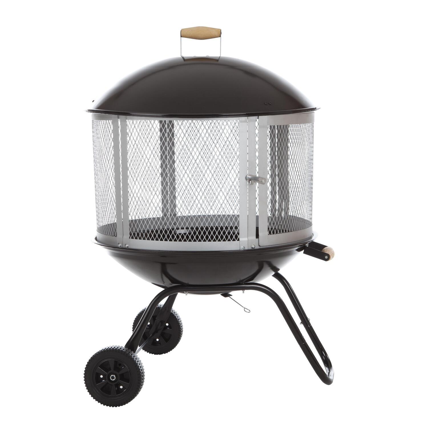 Black and Silver Rolling Wood Burning Fire Pit with Wheels