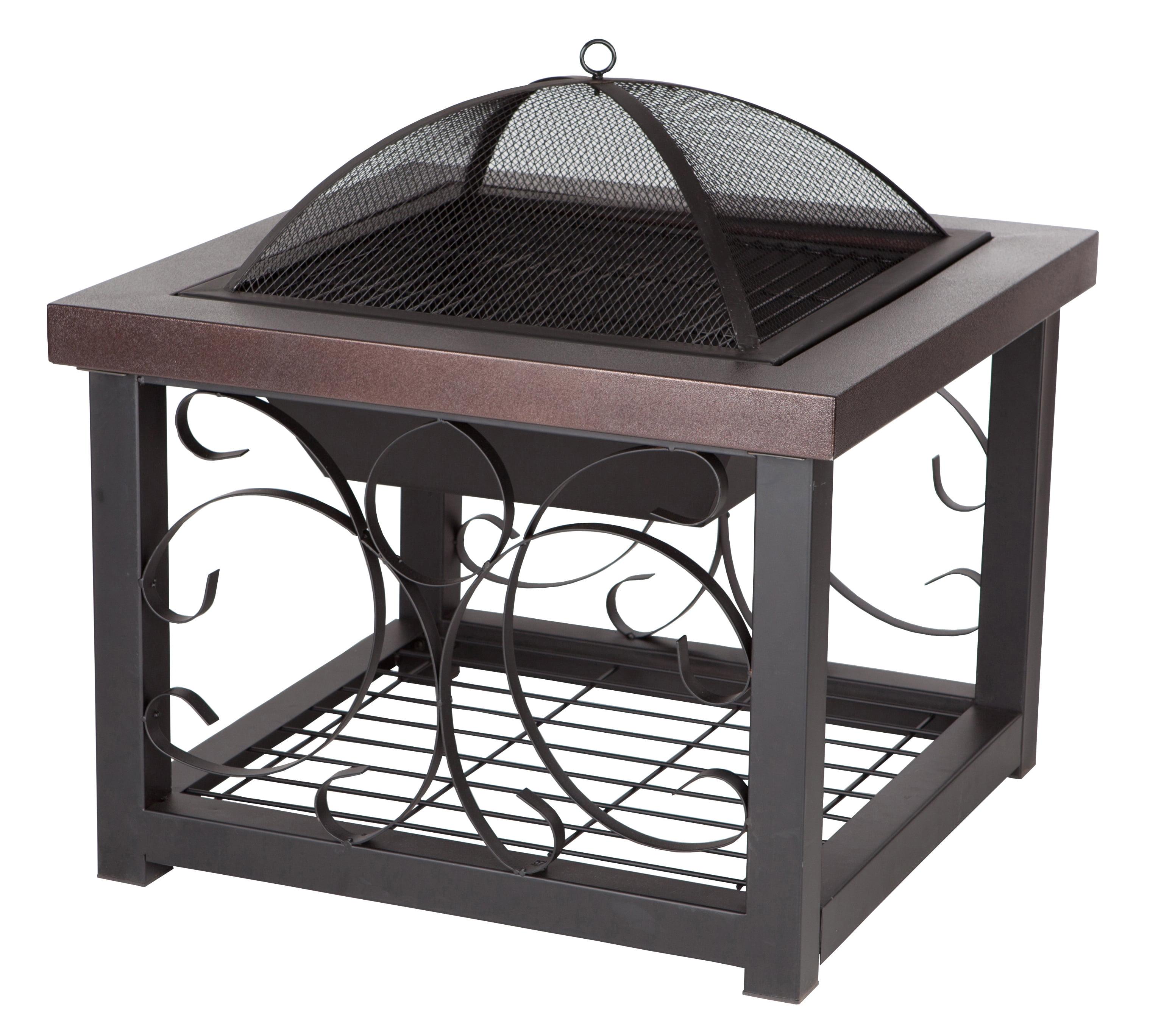 Fire Sense Fire Pit Cocktail Square Table Wood Burning Mesh Spark Screen Wood Grate with Storage Rack – Hammered Bronze Finish