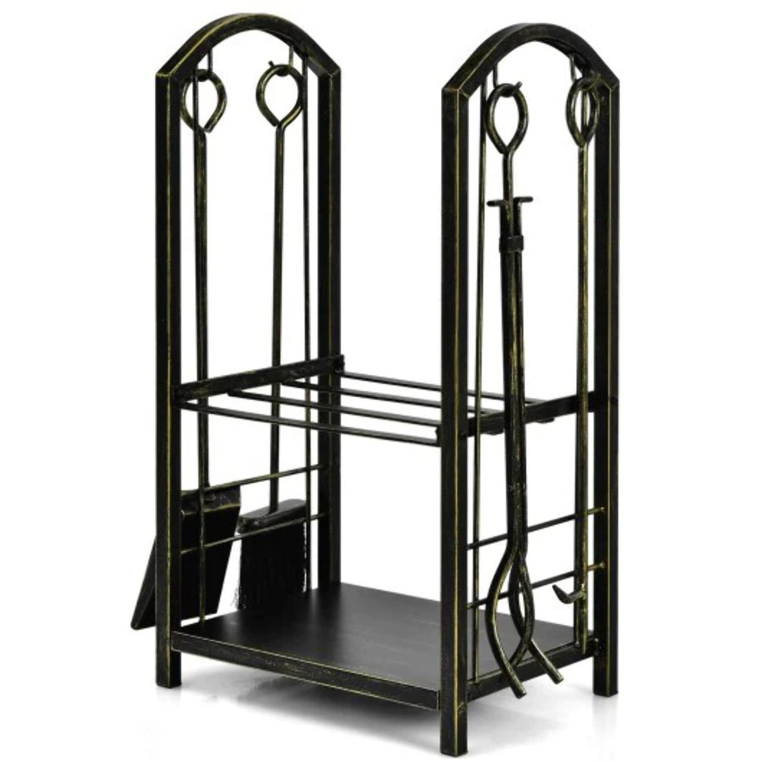 Kadyn Fire Wood Storage Racks, Firewood Holder,Firewood Frame,Firewood Shelf,Fireplace Log Rack with 4 Pieces Fireplace Tools-Bronze