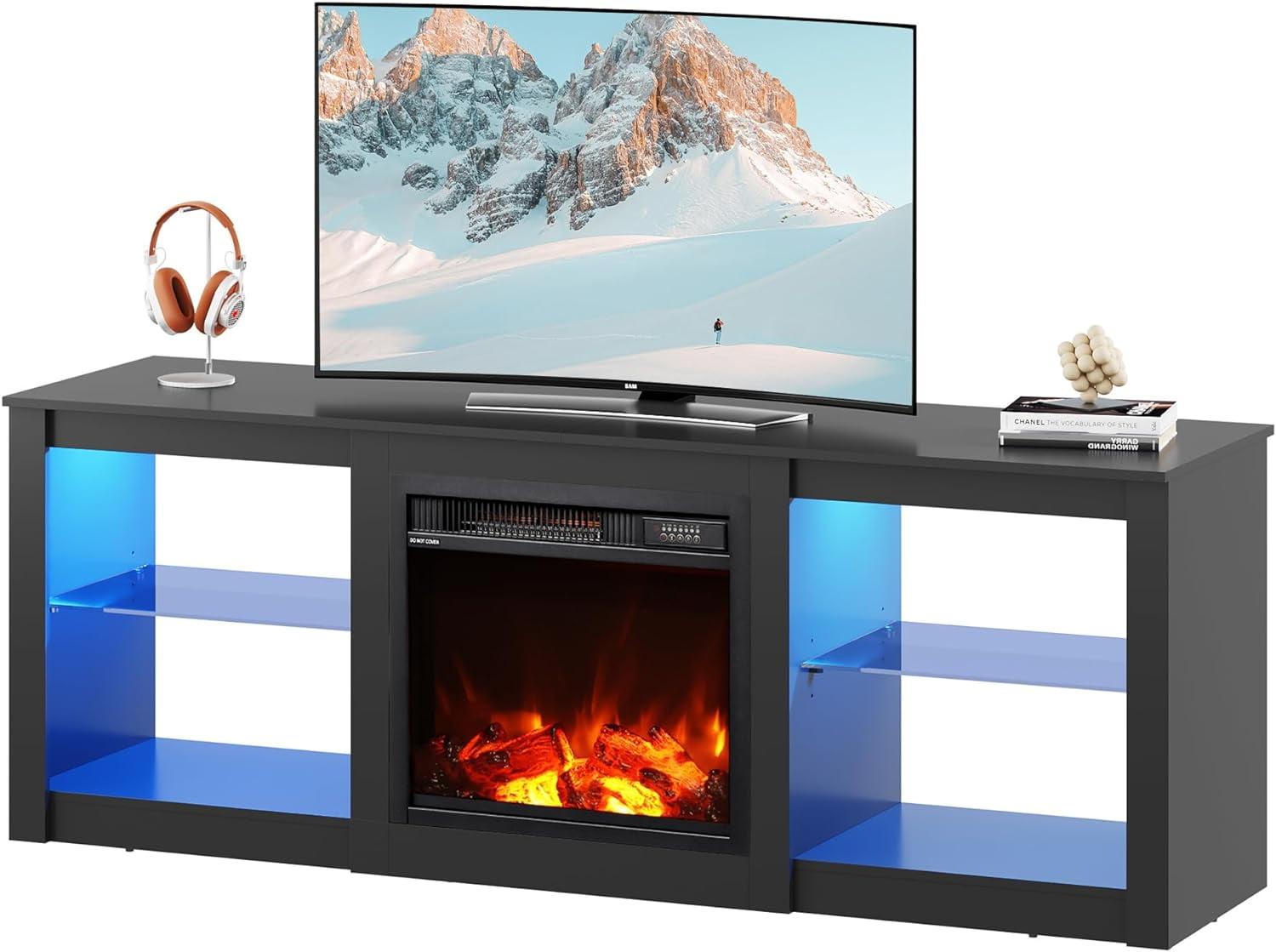 Black Modern Fireplace TV Stand with LED Lights and Glass Shelves