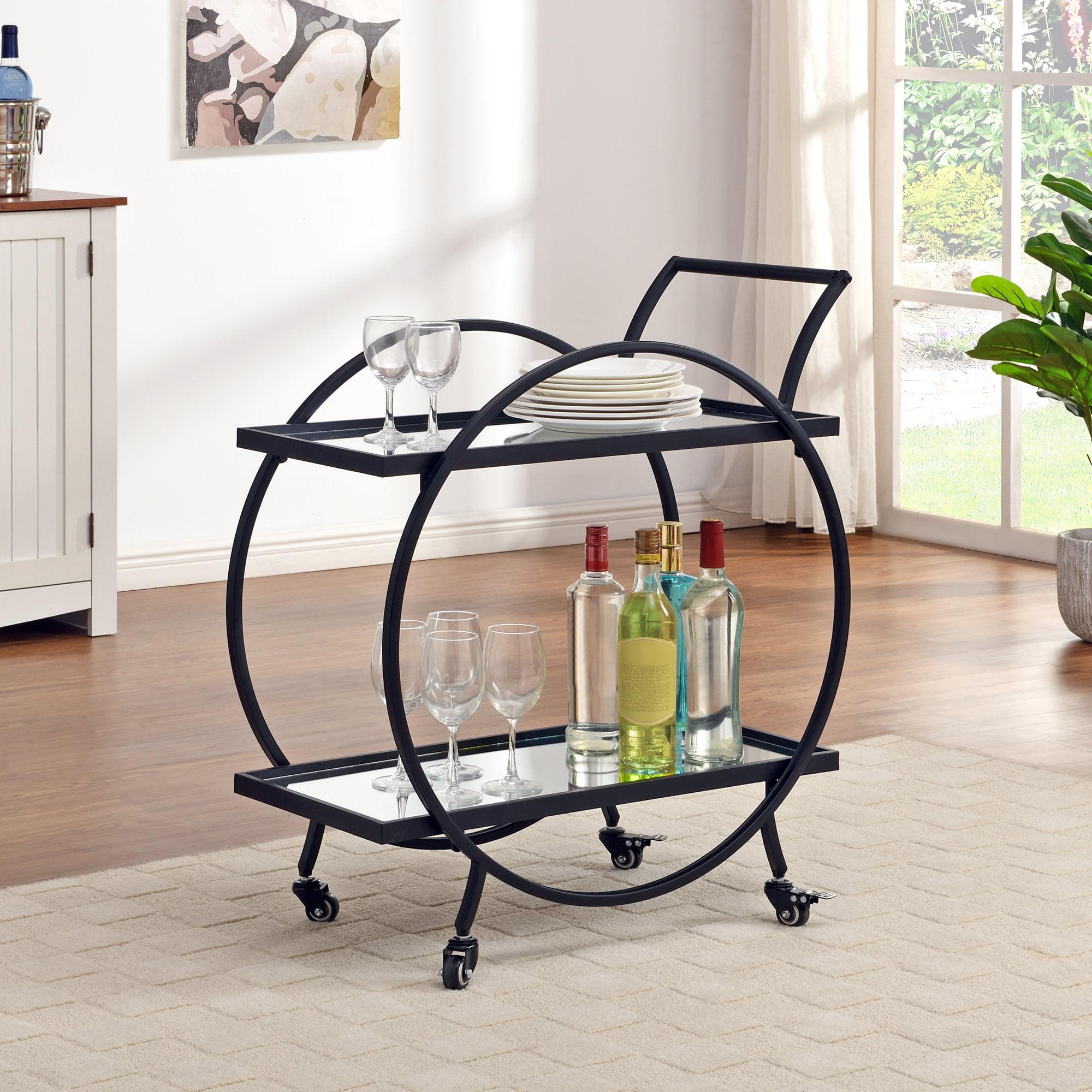 Odessa Glam Black Metal Round Bar Cart with Mirrored Shelves