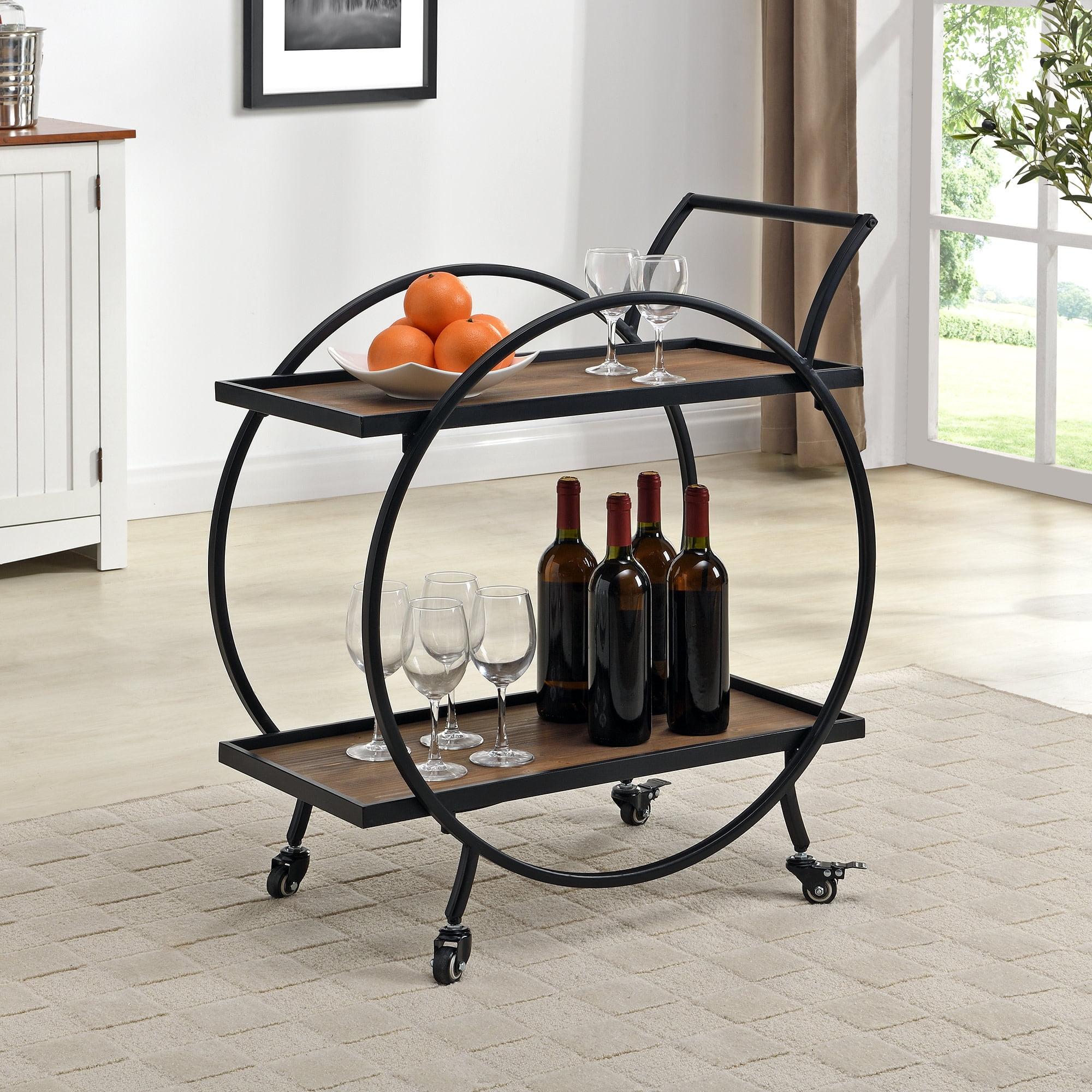 Odessa Black and Brown Round Metal Bar Cart with Storage