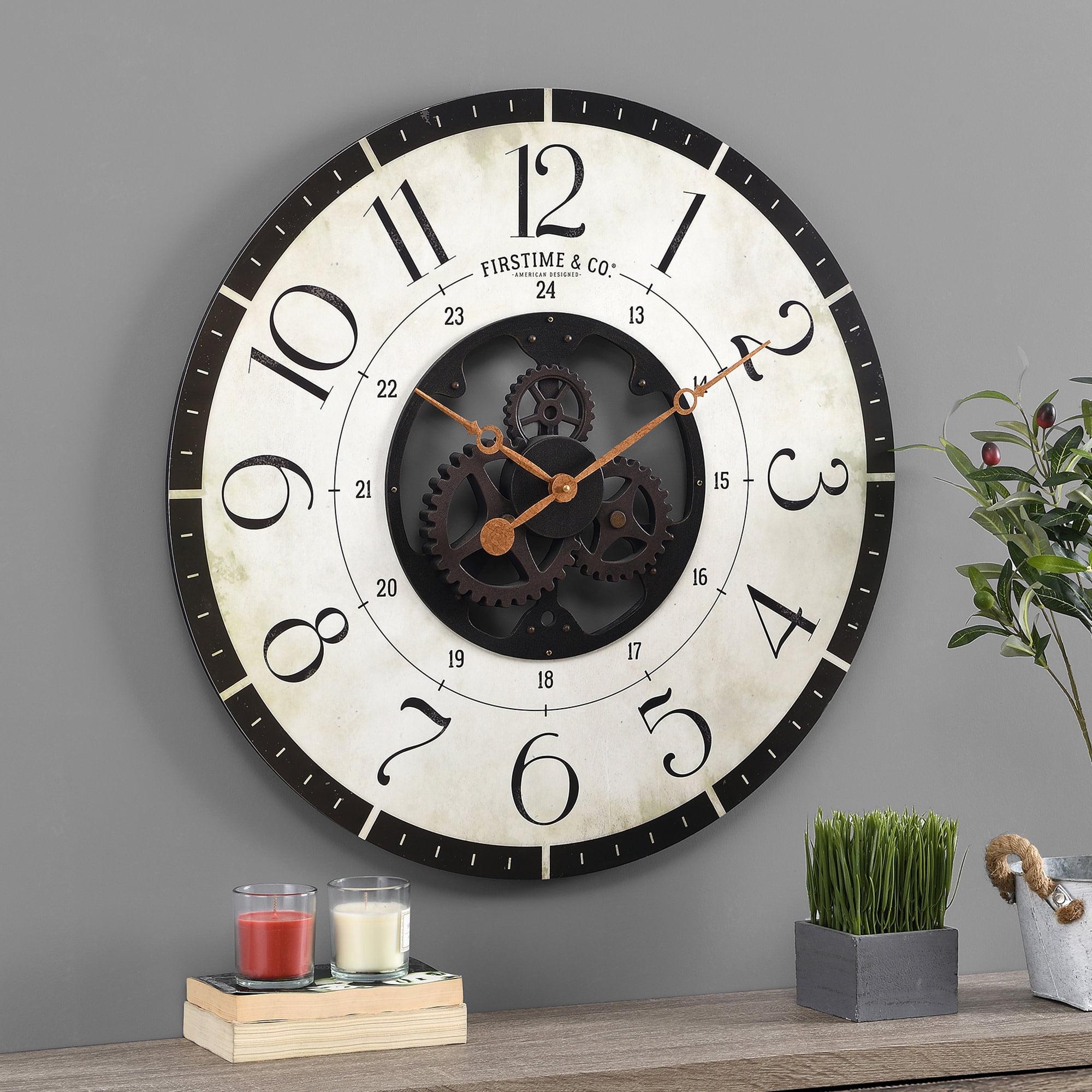 Oversized Beige and Bronze Industrial Wall Clock with Gear Cutouts