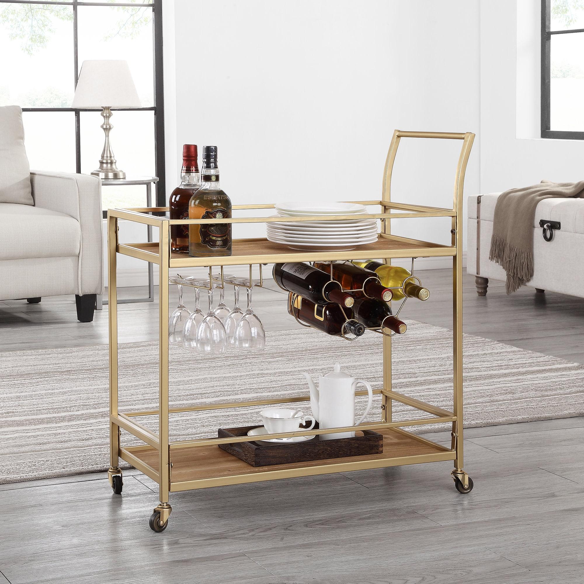 Gold and Brown Rectangular Bar Cart with Wine Rack