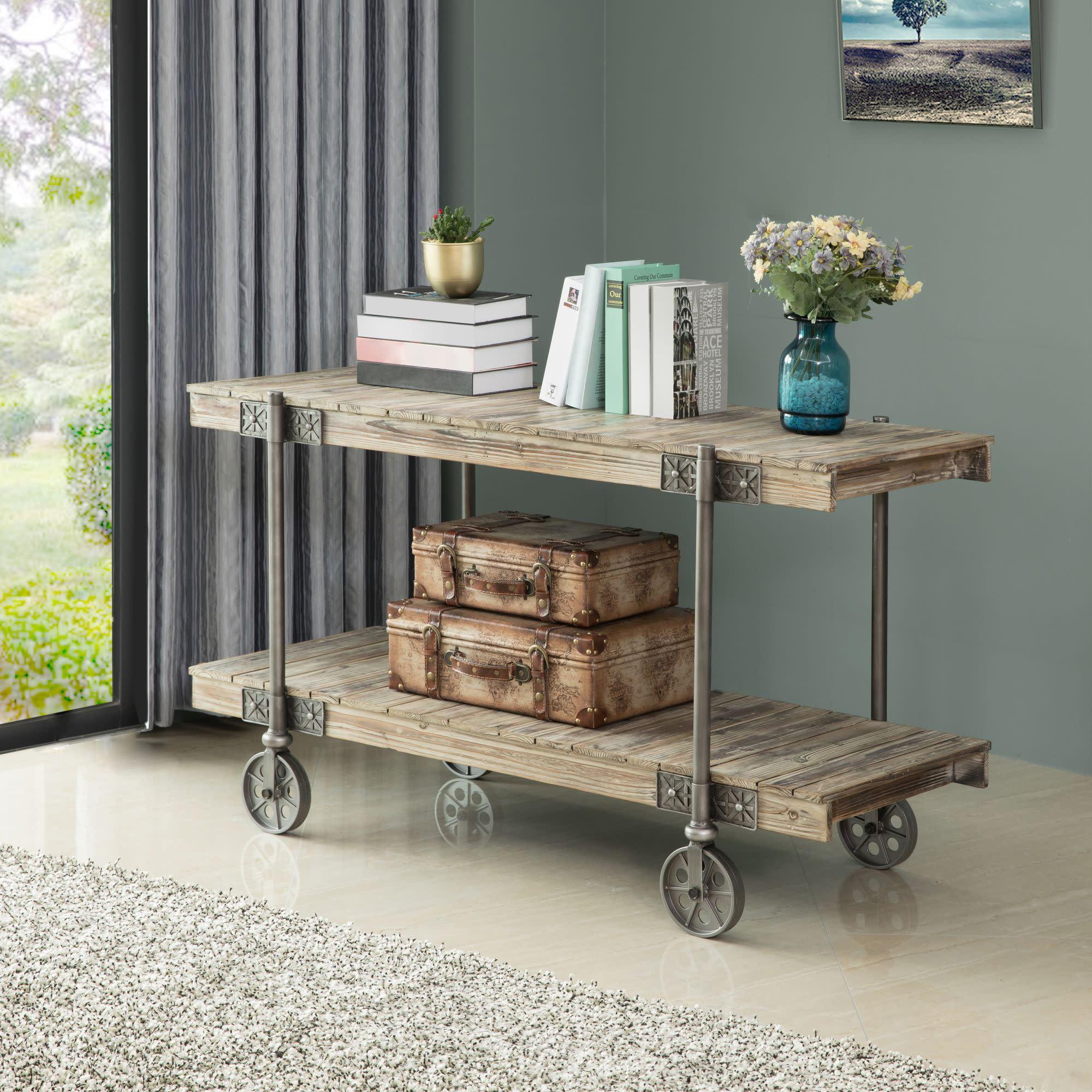 Weathered Brown Fir Wood and Metal Console Table with Casters