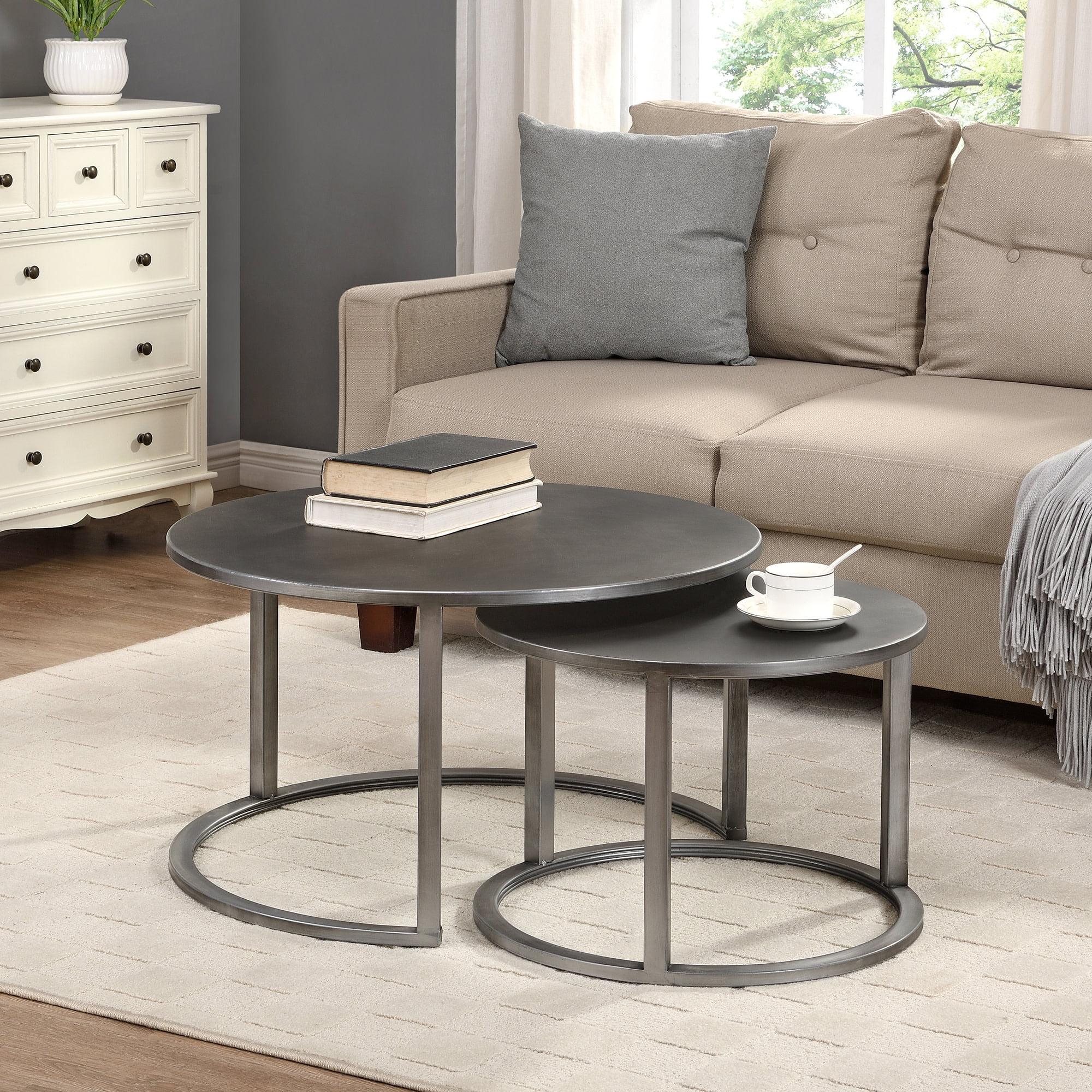 Aged Silver Round Metal Nesting Coffee Table 2-Piece Set