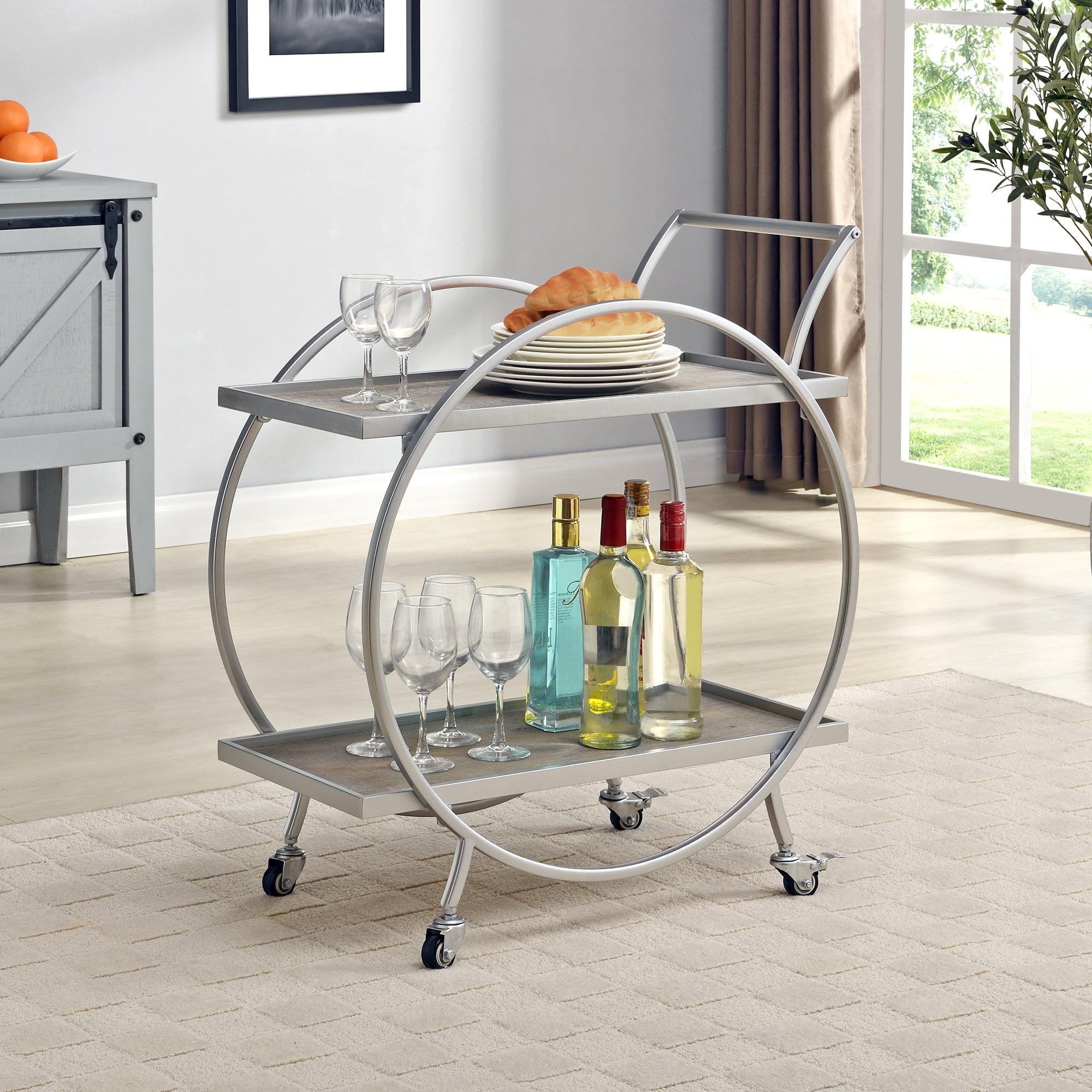 Silver and Gray Round Metal Bar Cart with Wooden Shelves