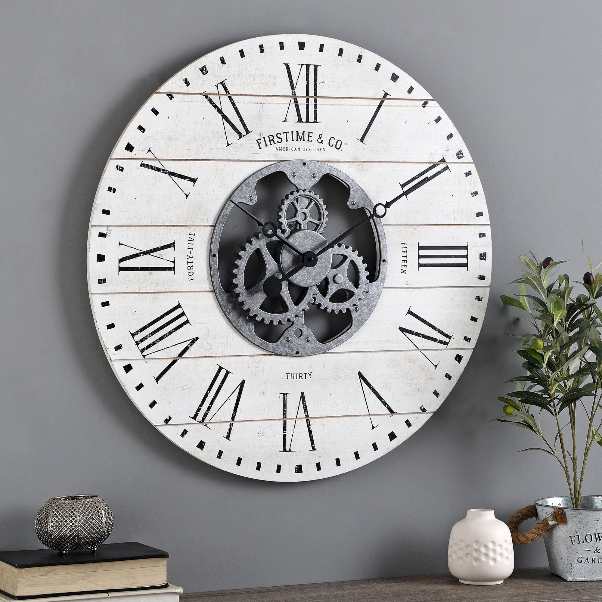 Oversized White Shiplap Gears Wall Clock with Galvanized Center