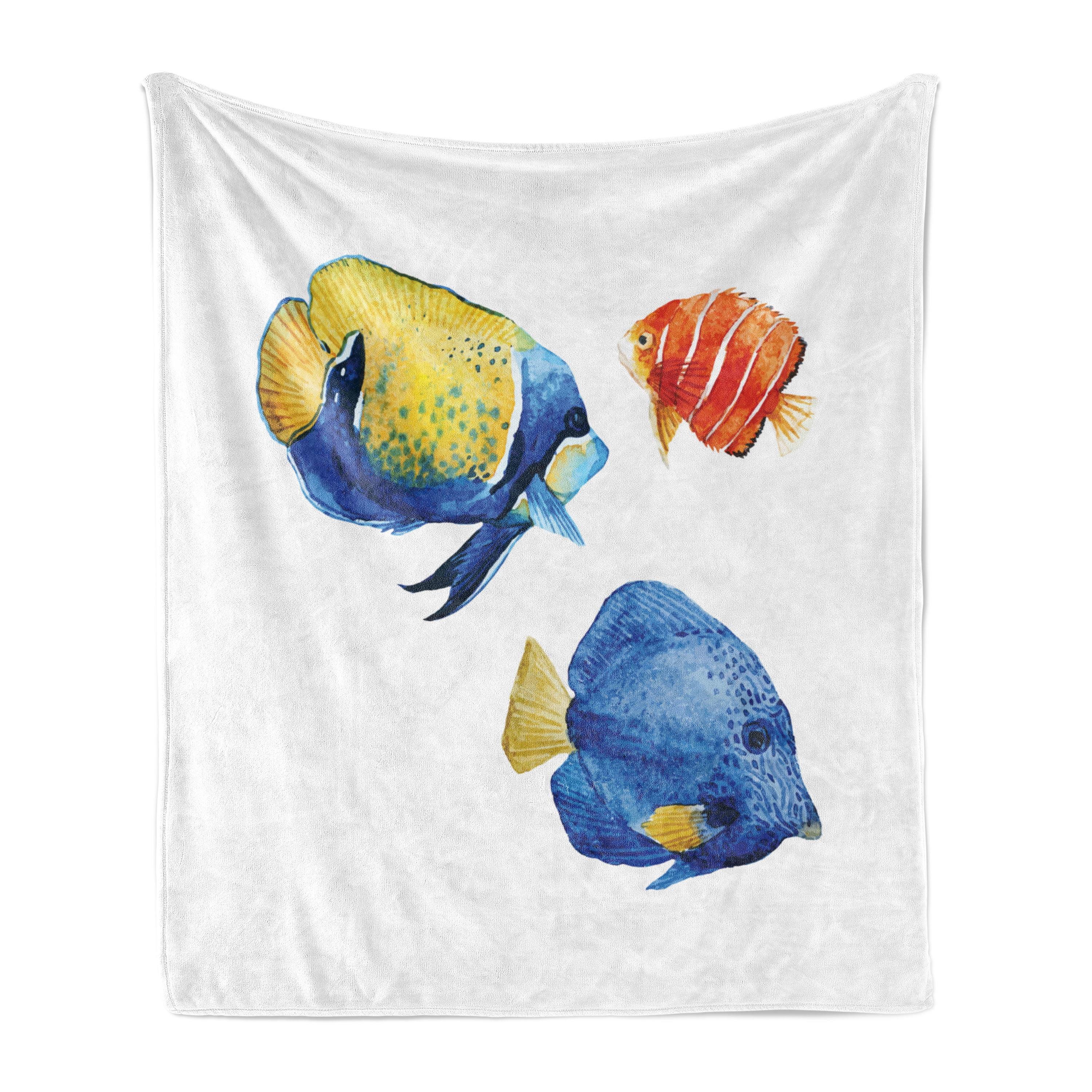 Ambesonne Fish Fleece Throw Blanket Tropic Accents Aquarium Azure Blue Scarlet