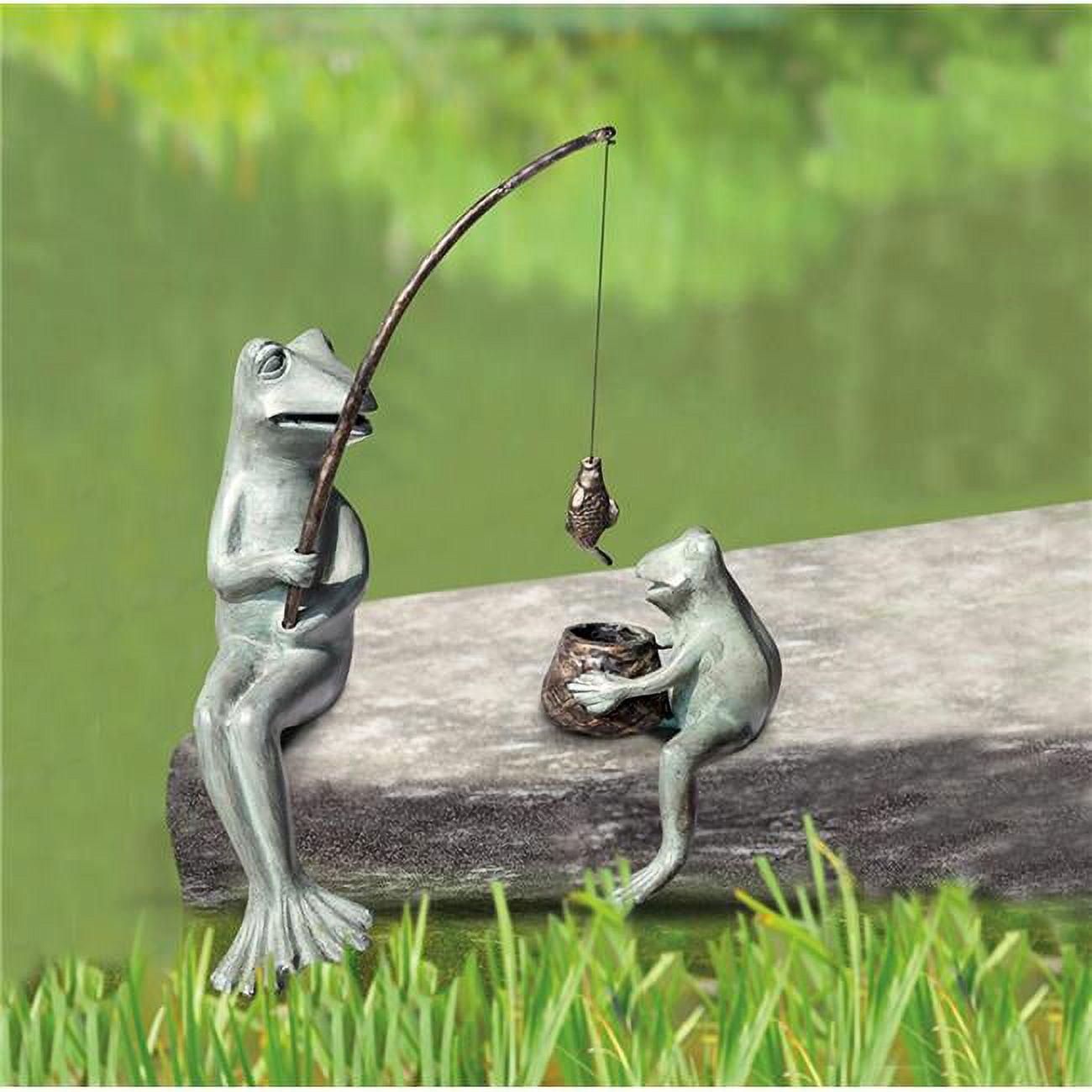 Verdigris Green Metal Fishing Frogs Garden Sculpture