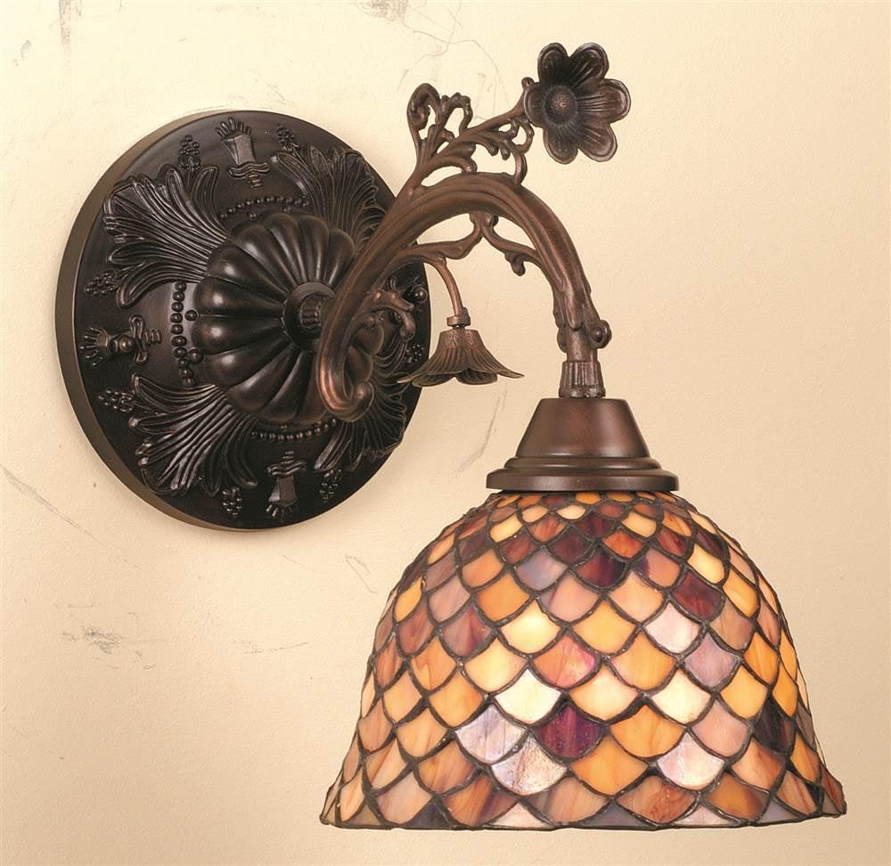 Tortoiseshell Amber & Burgundy 8" Bronze Fishscale Wall Sconce