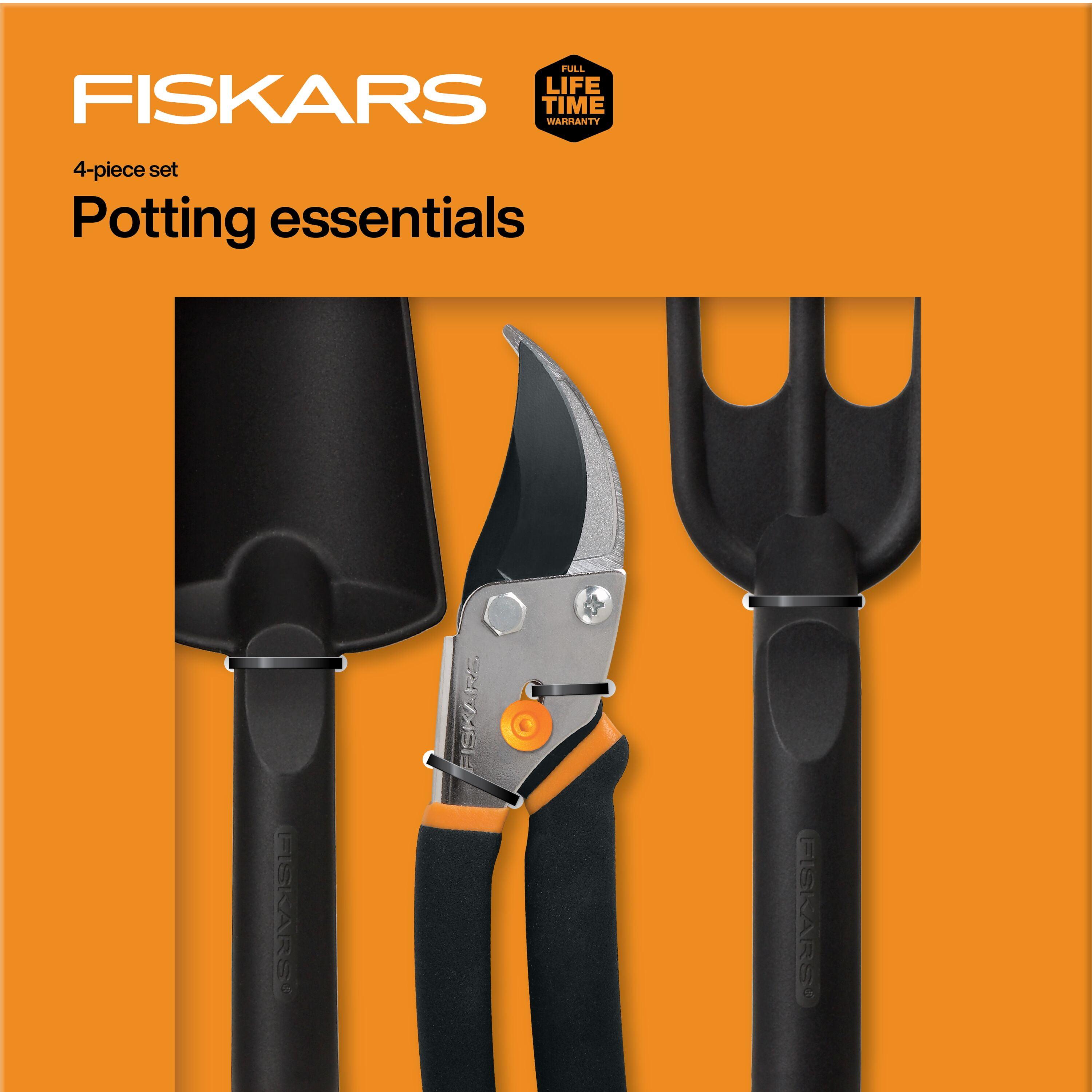 Fiskars House Plant Starter Tool Set with Set with Bypass Pruner, Trowel, Cultivator, and L/XL Garden Gloves for Indoor Gardening (4 Piece Kit)