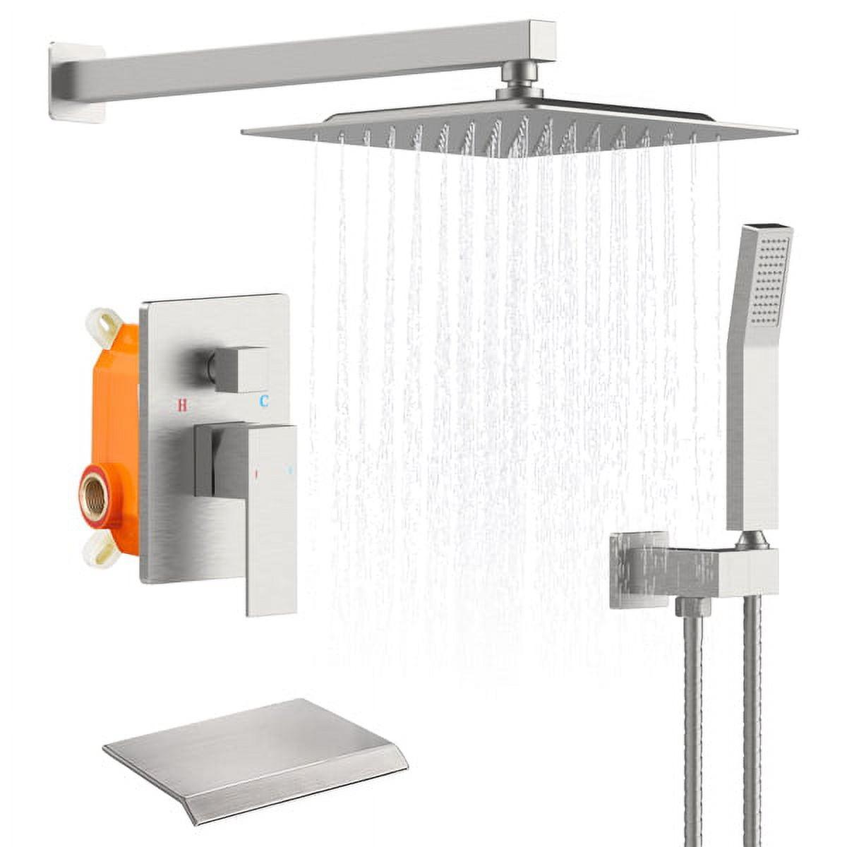 Fithood Rain Shower System Brushed Nickel Tub Shower Faucet Set 10 Inch Square Rainfall Shower Head with Handheld Sprayer and Waterfall Tub Spout Pressure Balance Rough-in Valve Shower Mixer Combo