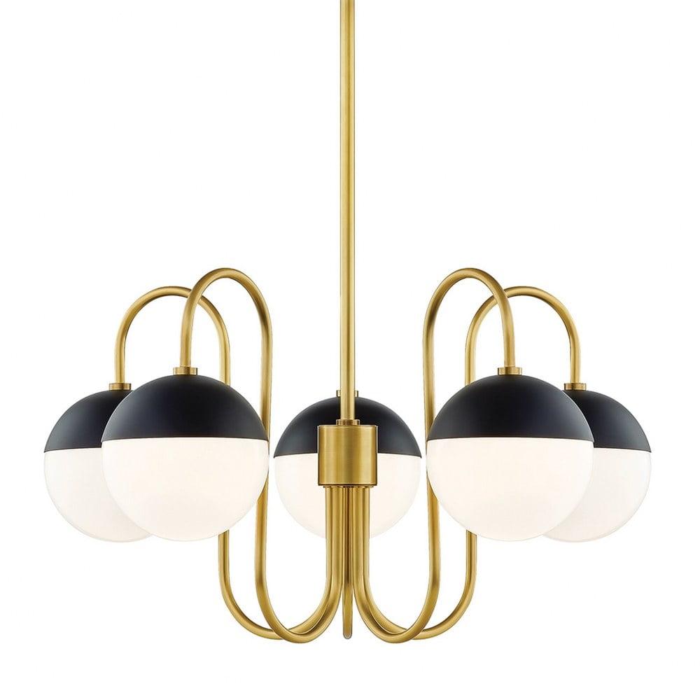 Renee Aged Brass and Black 5-Light Chandelier with Opal Glossy Glass