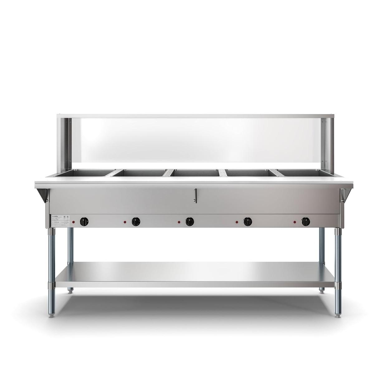 Five Pan Open Well Electric Steam Table with Undershelf and Sneeze-Guard, 240V, KM-OWS-5SG.
