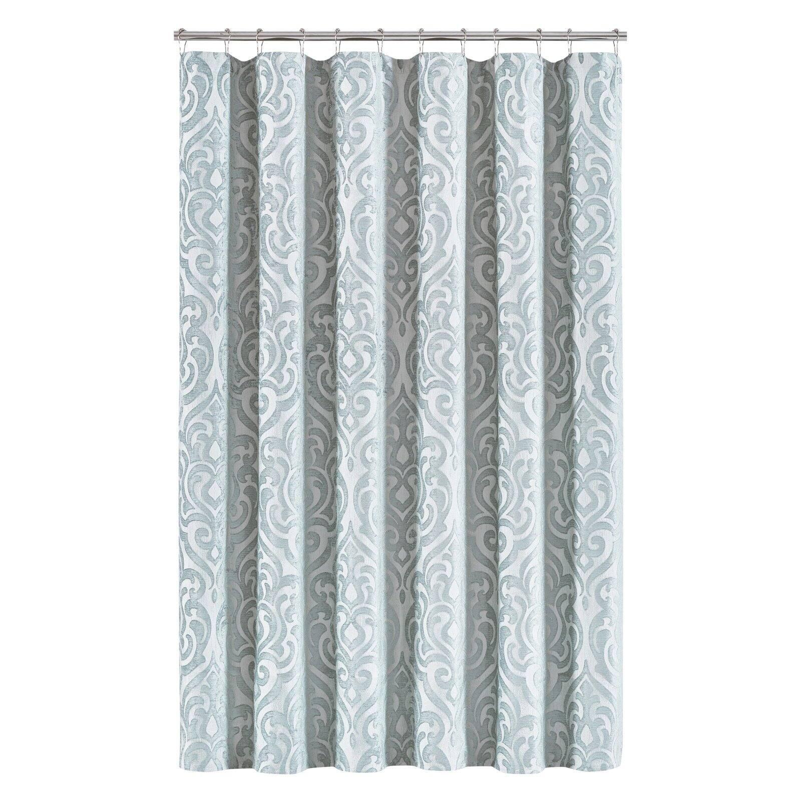 Sarah Spa Blue Woven Jacquard Damask Shower Curtain