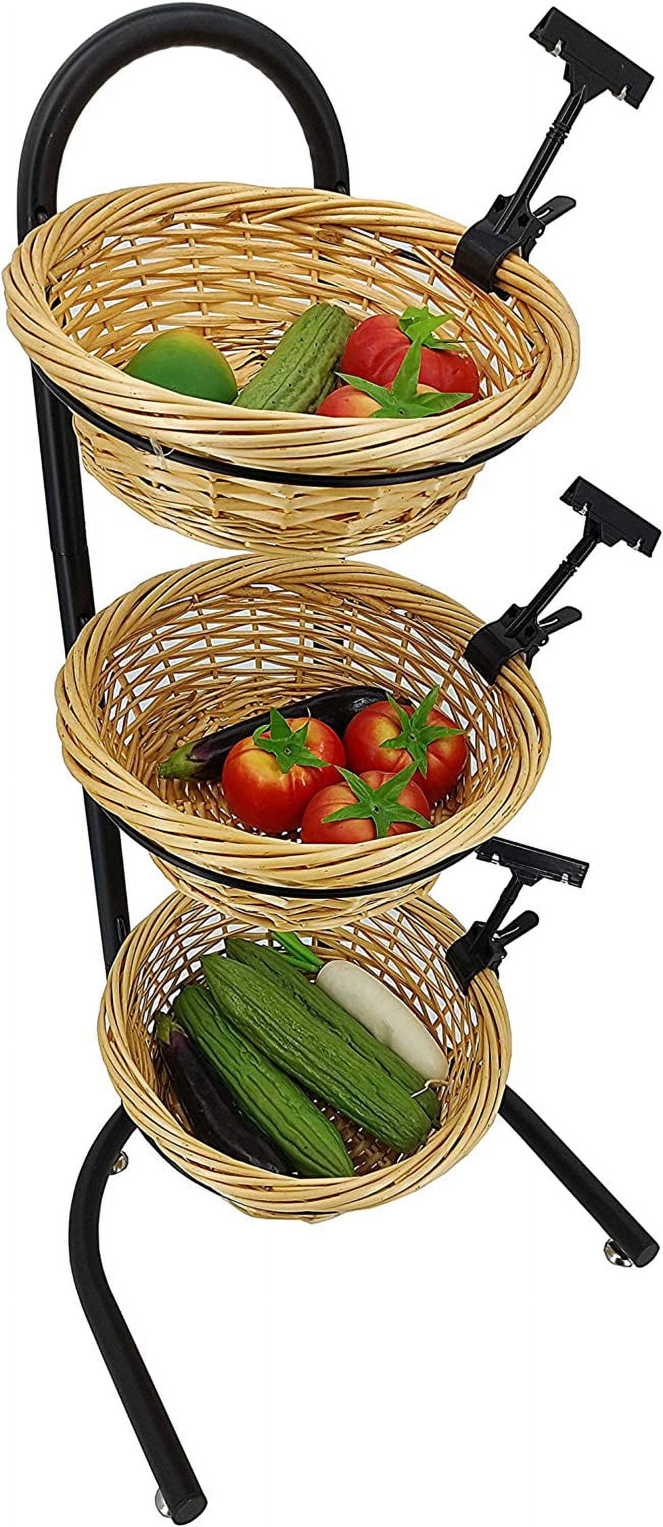 FixtureDisplays 4 Tier Basket Stand, Sign Clips, Wicker Grocery Store Rack Display, Market Basket Rack Kitchen