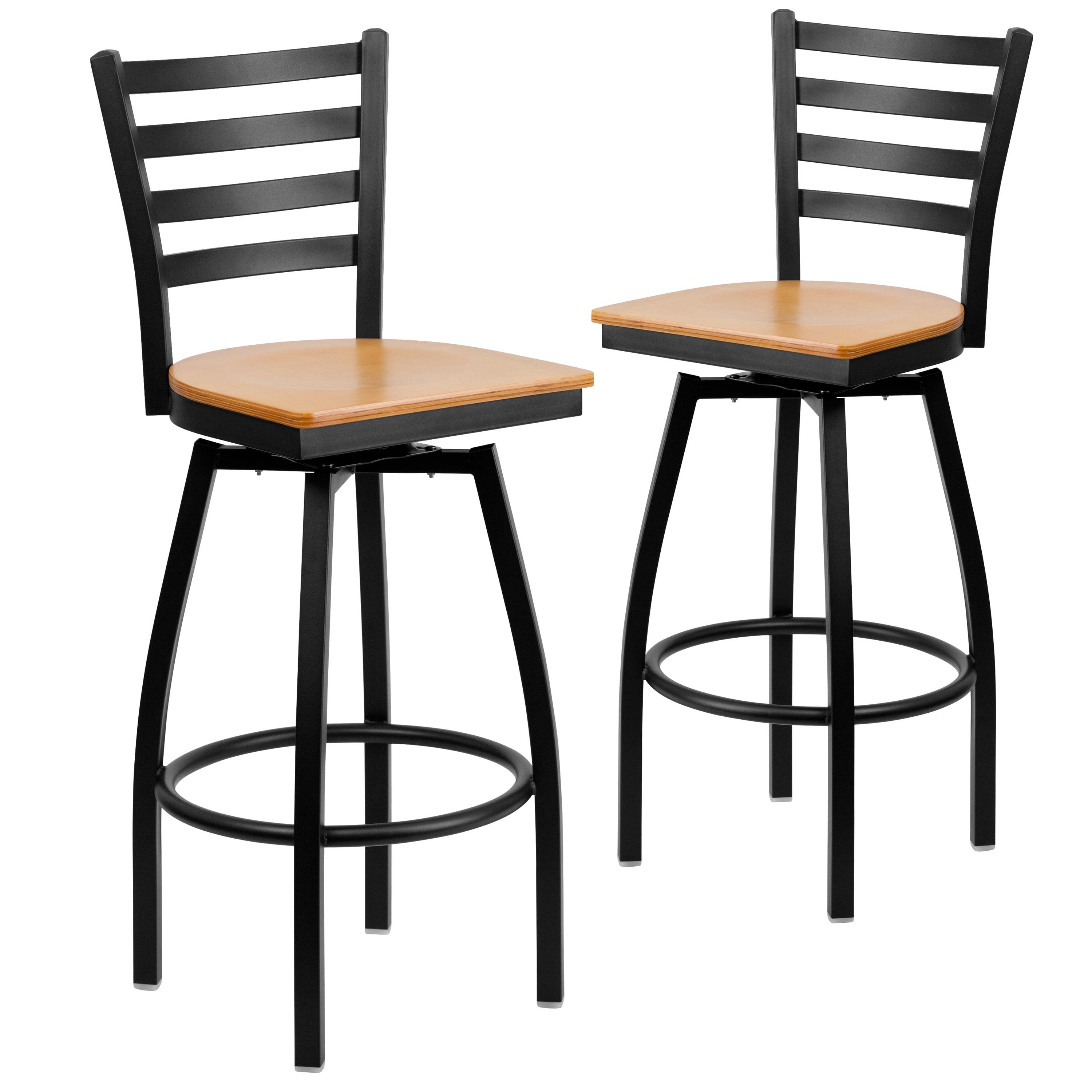 BizChair 2 Pack Black Ladder Back Swivel Metal Barstool - Natural Wood Seat