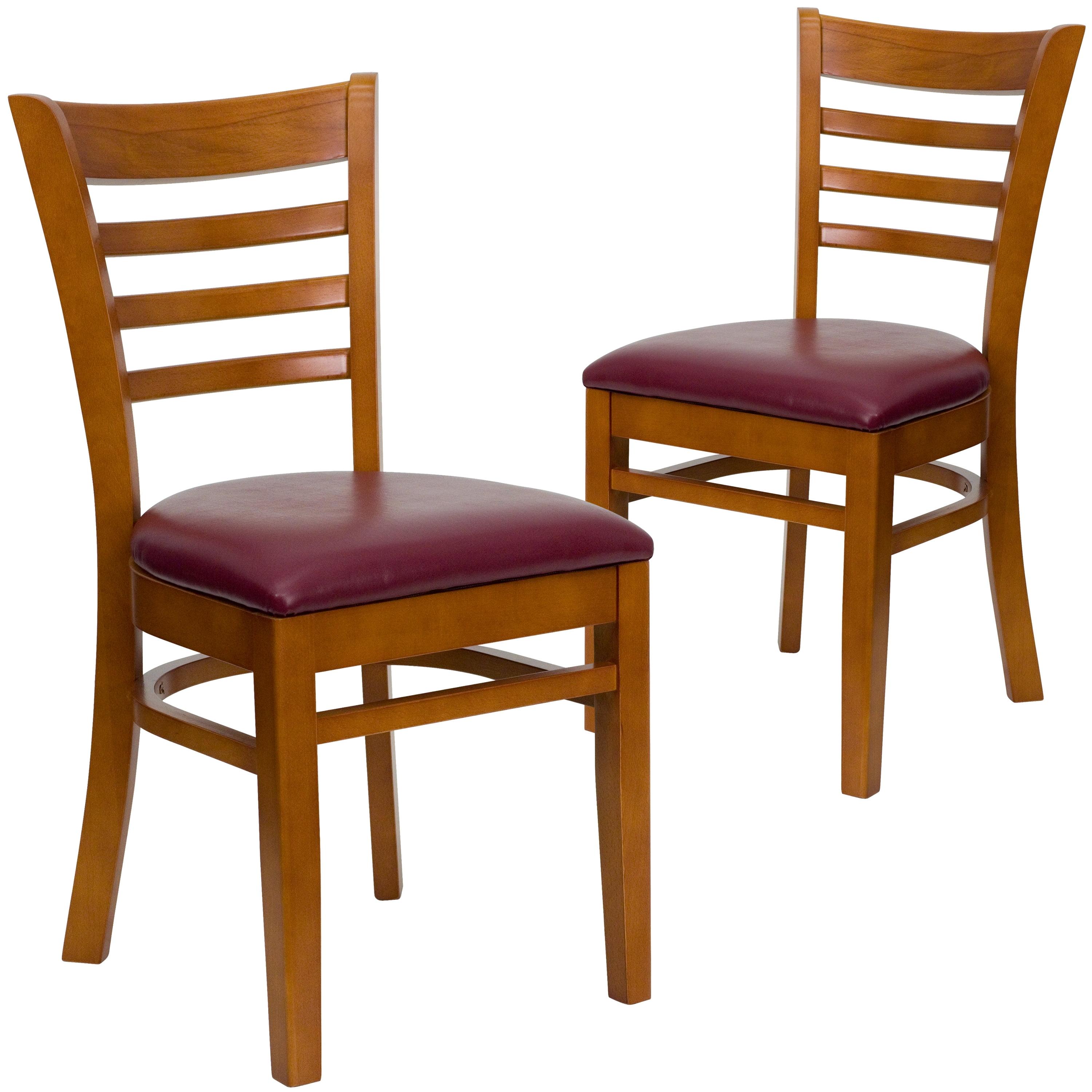 Cherry Wood & Burgundy Vinyl Upholstered Ladderback Side Chair