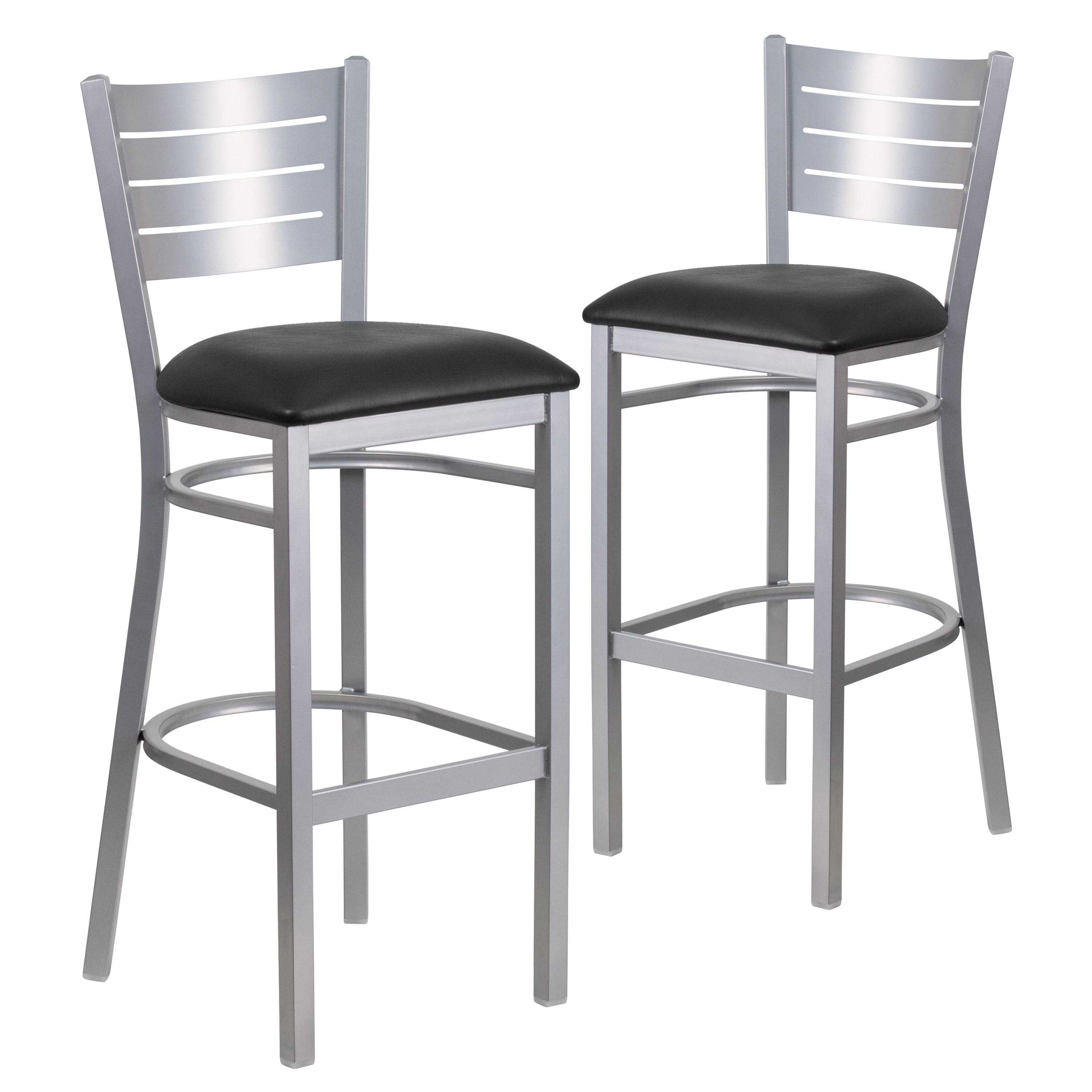 Flash Furniture 2 Pack HERCULES Series Silver Slat Back Metal Restaurant Barstool - Black Vinyl Seat