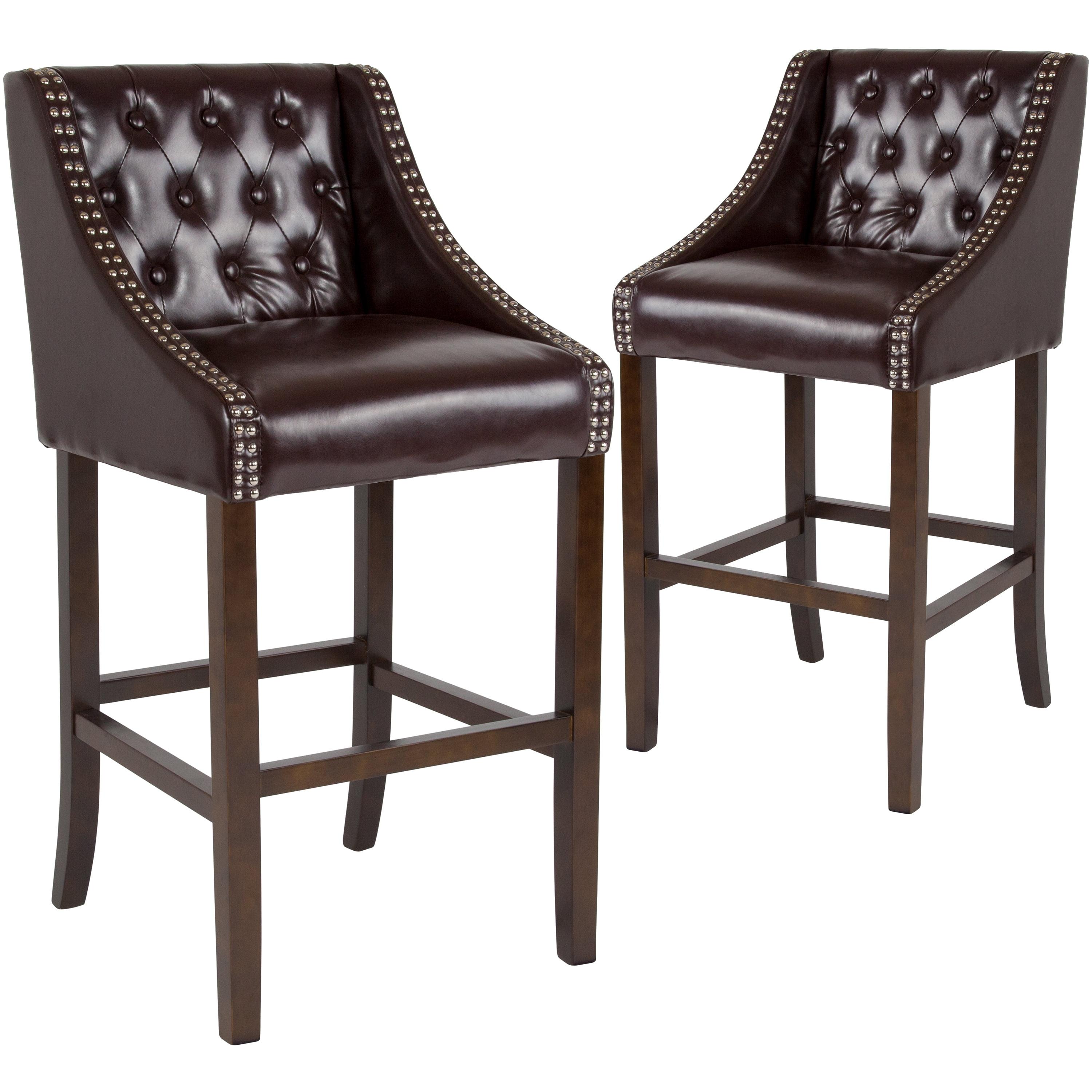 Carmel 30" Brown Leather Tufted Barstool with Walnut Frame