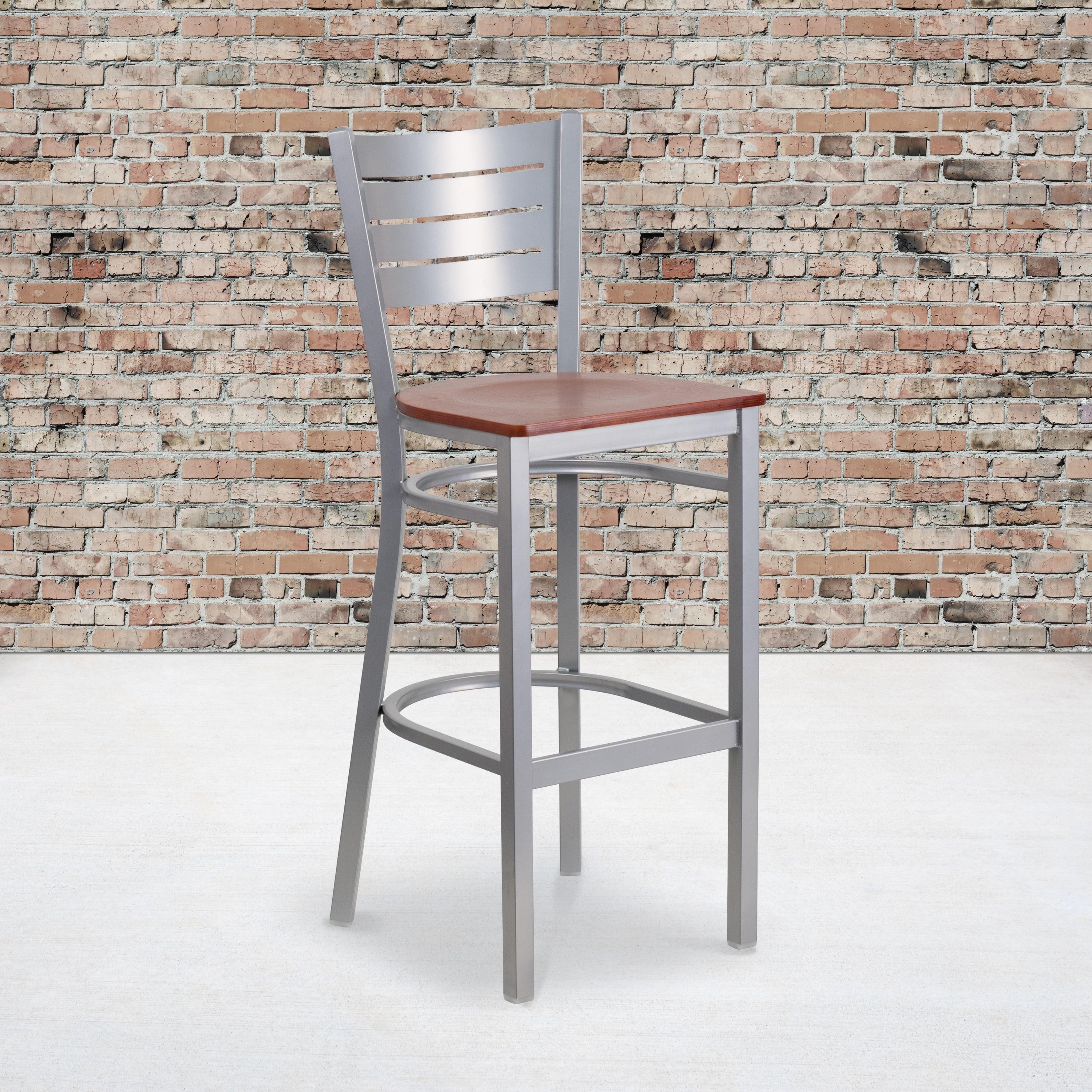 Cherry Wood and Silver Metal Slat Back Barstool with Burgundy Vinyl Seat