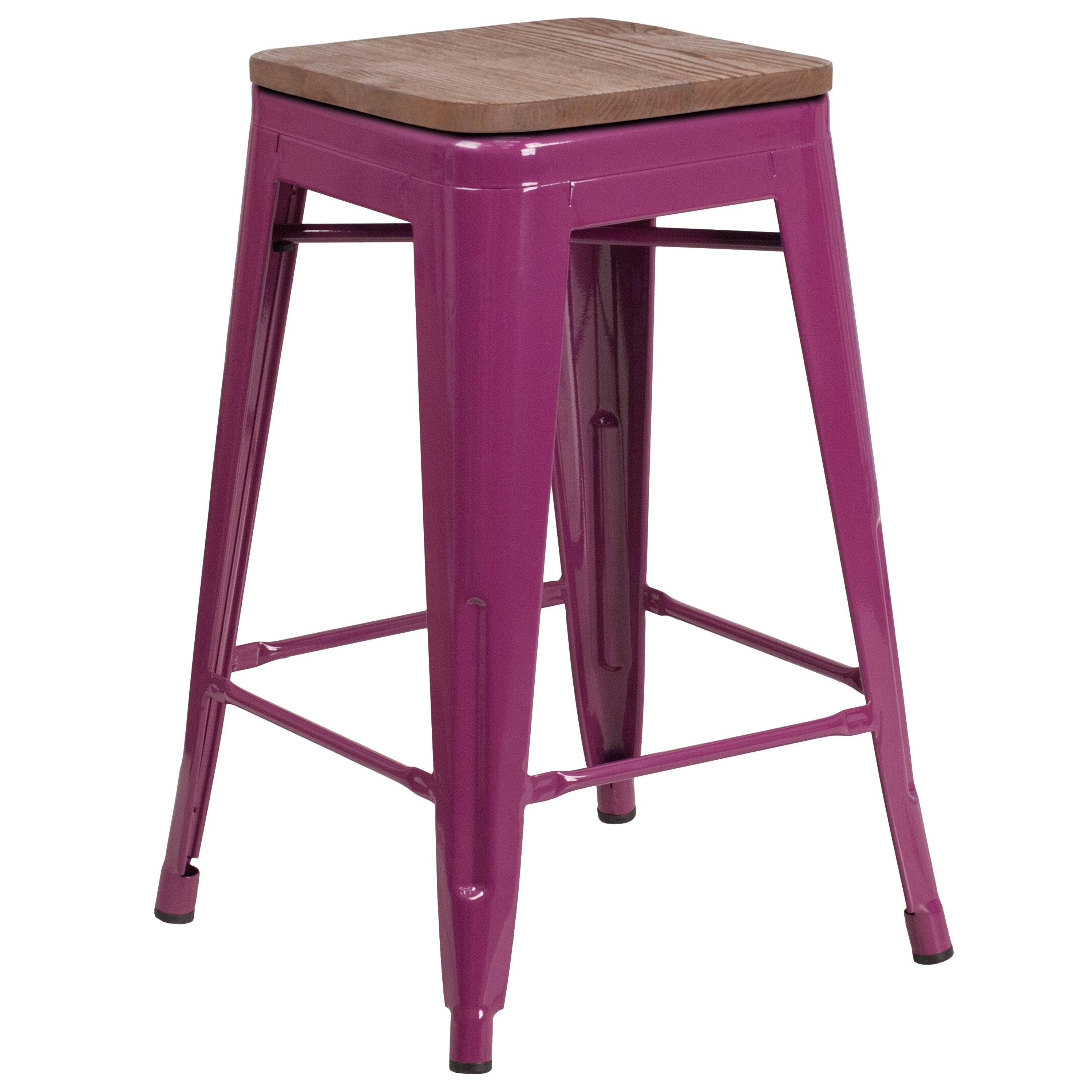 24" Backless Purple Metal & Brown Wood Counter Stool