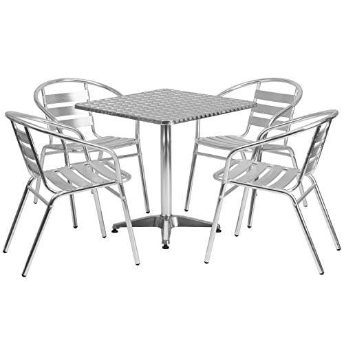 Flash Furniture Aluminum 5-Piece Patio Dining Set with Square Table and 4 Slat Back Chairs, Silver