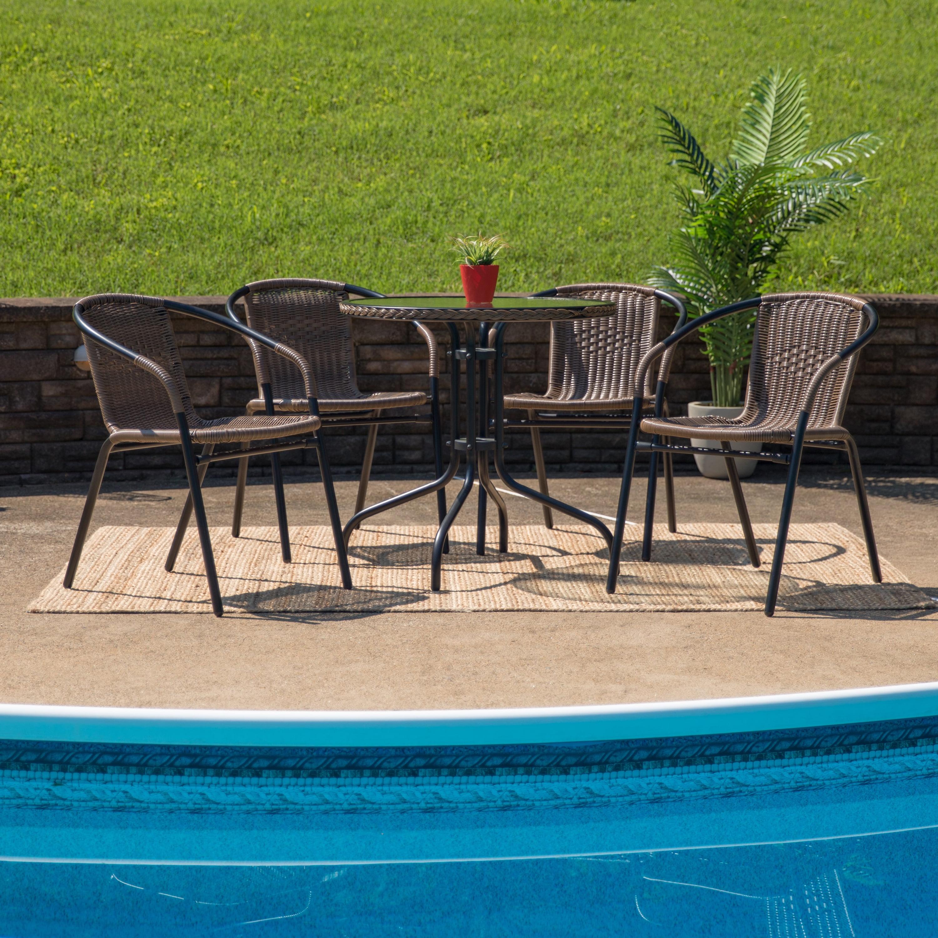 Flash Furniture 28'' Round Glass Metal Table with Dark Brown Rattan Edging and 4 Dark Brown Rattan Stack Chairs